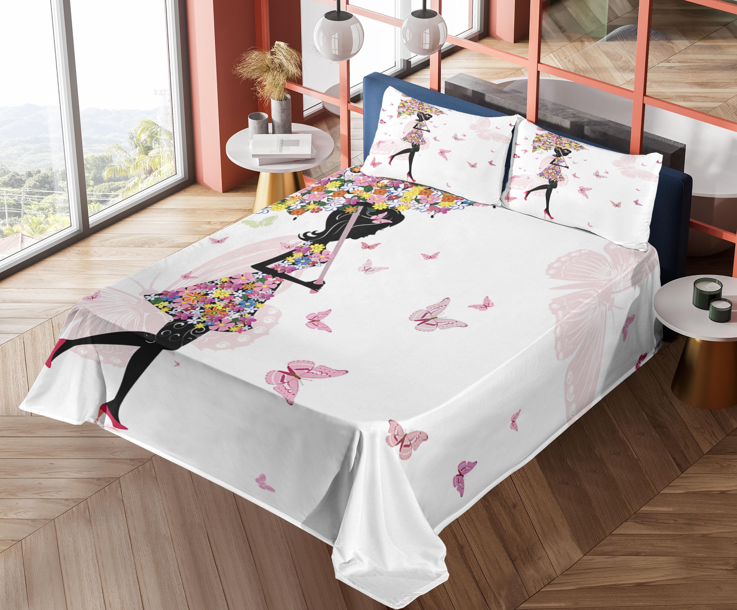 Ambesonne Floral Umbrella & Butterfly Bedding Set - 4 Piece King Size Sheets with Pillowcases, Black & Pink Inspirational Art Design - Perfect for Girls' Rooms, Teen Bedrooms & Boho Chic Decor