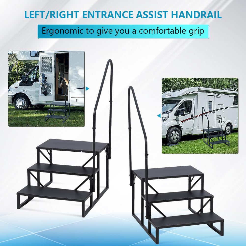 RV 3-Step Stairs with Handrail | Heavy Duty Metal Hot Tub Steps | Portable Stairs for RV & Mobile Homes | Indoor/Outdoor Pool Access Steps for Safe Entry & Exit