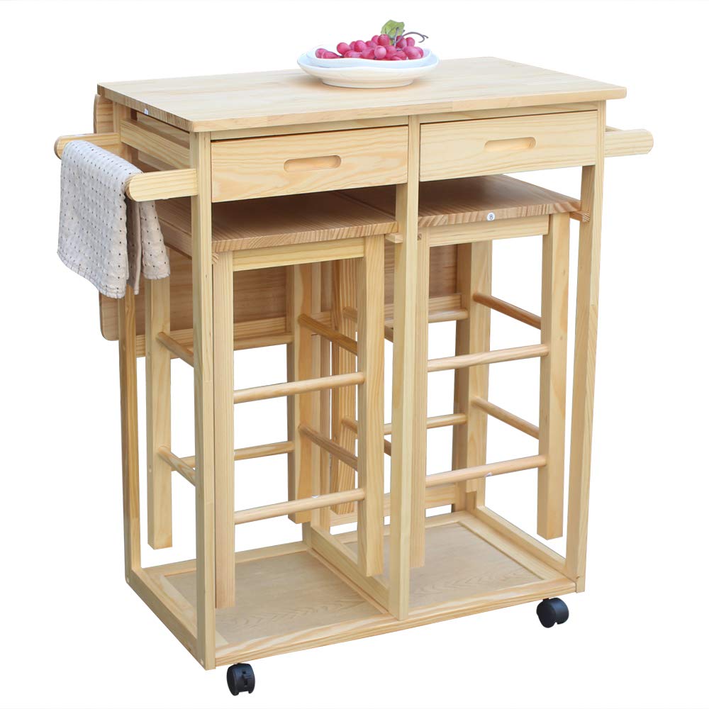 Solid Wood Kitchen Island Cart with 2 Stools - Foldable Dining Trolley for Small Spaces