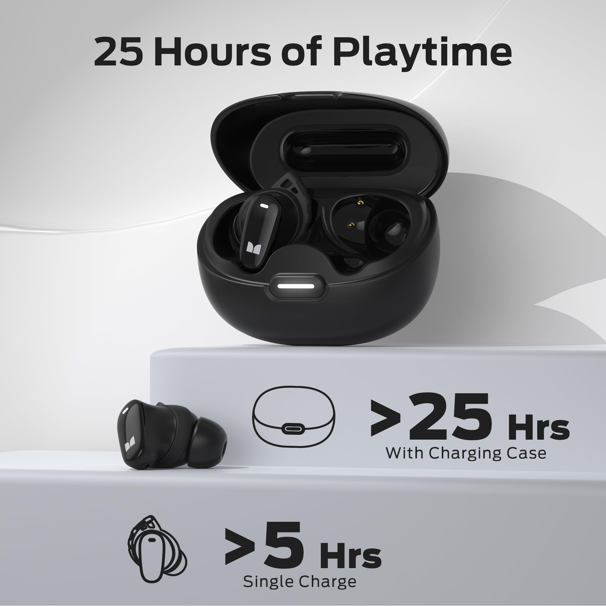 Monster N-Lite 206 Wireless Bluetooth 5.4 Earbuds - In-Ear Headphones with Built-in Mic, Touch Control, 25H Playtime, USB-C Fast Charging & IPX6 Waterproof - Comfortable Fit for Running, Workouts, Travel & Daily Use (Black)