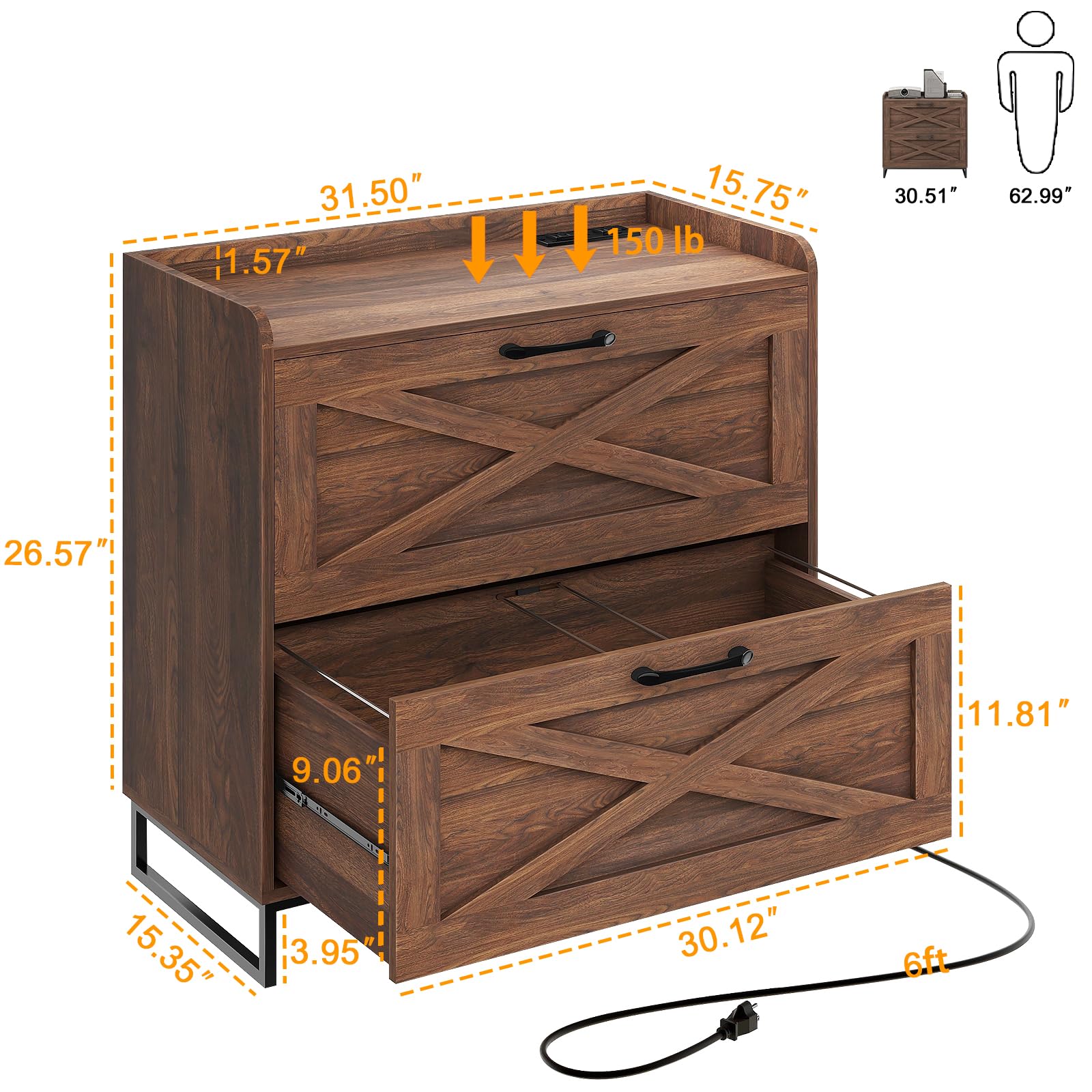 2-Drawer Lateral File Cabinet with Charging Station - Letter/Legal/A4 Size Hanging Files - Wood Office Storage Cabinet & Printer Stand - Dark Walnut - Perfect for Home Office Organization & Workspace Efficiency