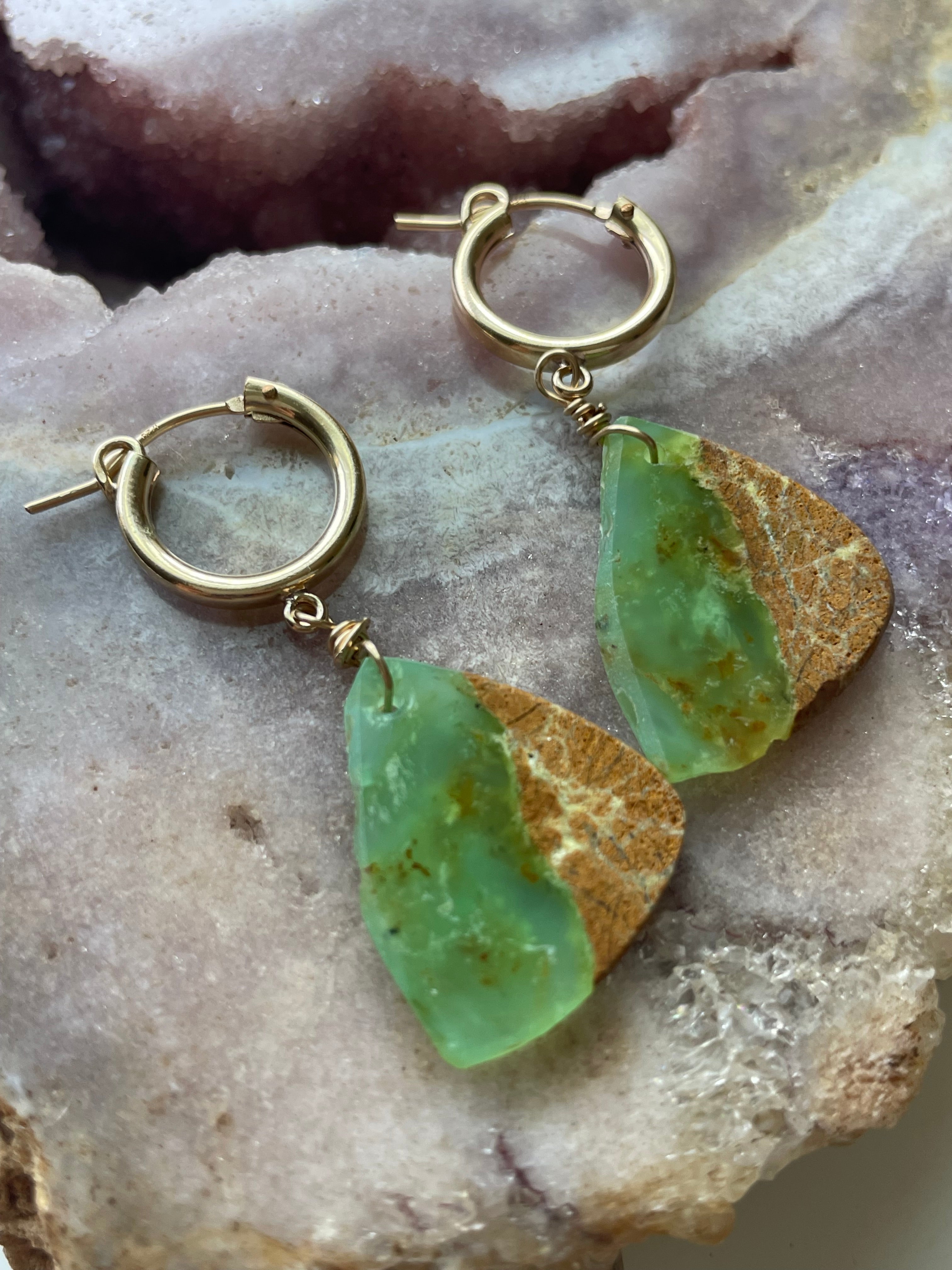 Raw Chrysoprase Slice Hoop Earrings - 14K Gold Filled Dangle Earrings for Women | Boho Chic Jewelry for Everyday Wear & Special Occasions