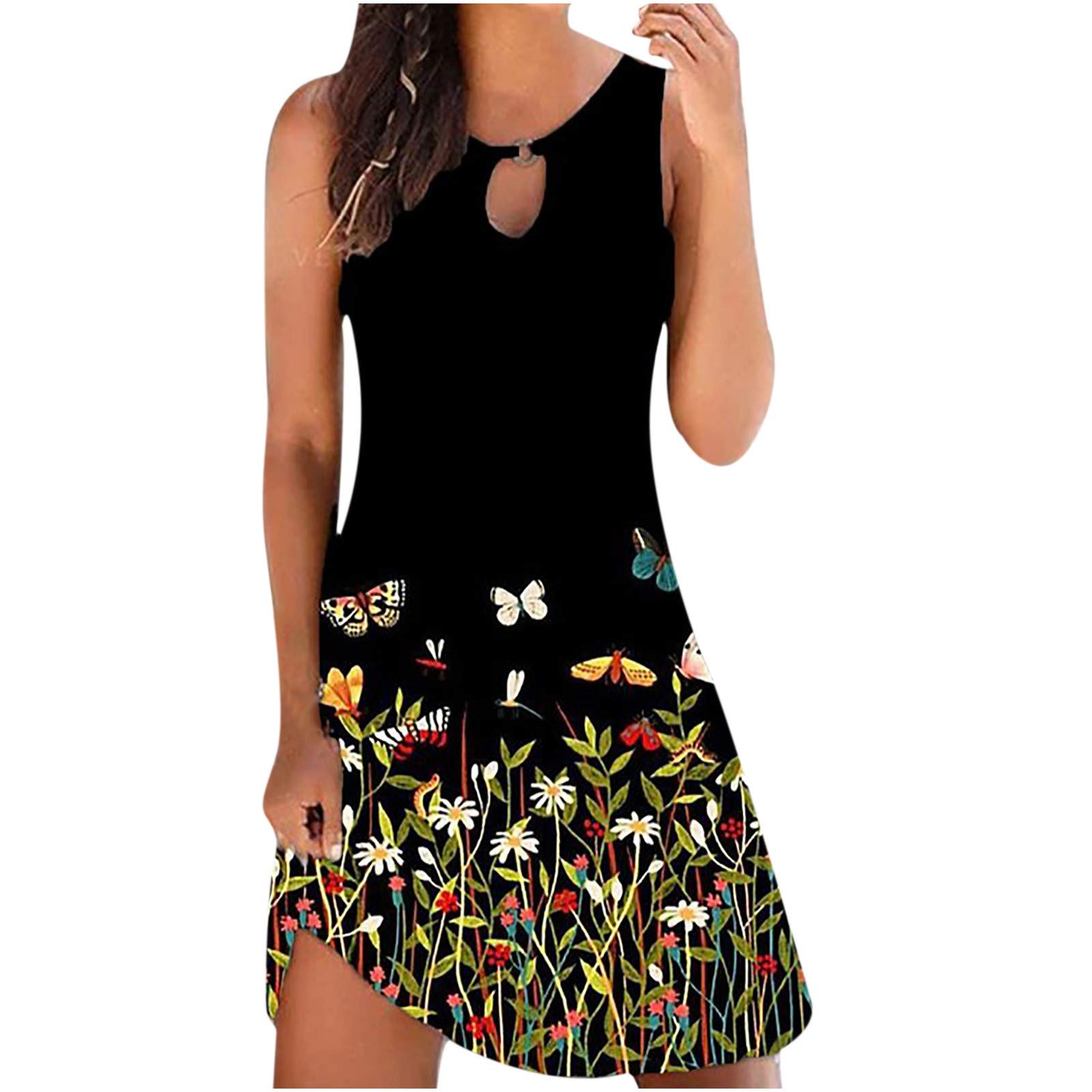 Lisgai Women's Floral Print Sundress - Sleeveless Summer Casual Dress, Loose Fit & Hollow Out Design - Perfect for Beach, Vacation, and Outdoor Parties