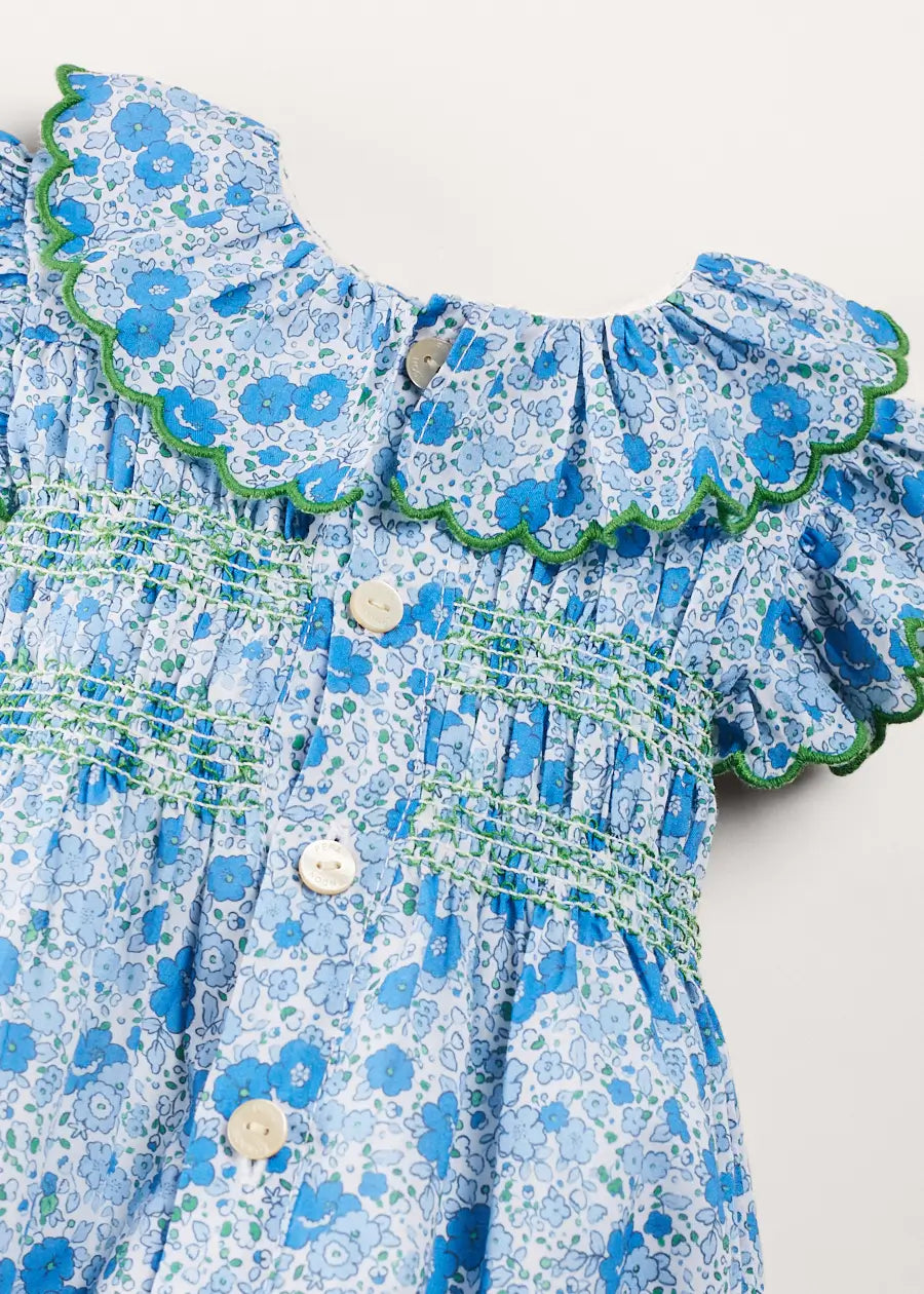 Olivia Floral Smocked Ruffle Collar Sleeveless Romper for Baby Girls - Blue (6 Months to 2 Years) | Perfect for Summer Outfits, Photoshoots & Special Occasions