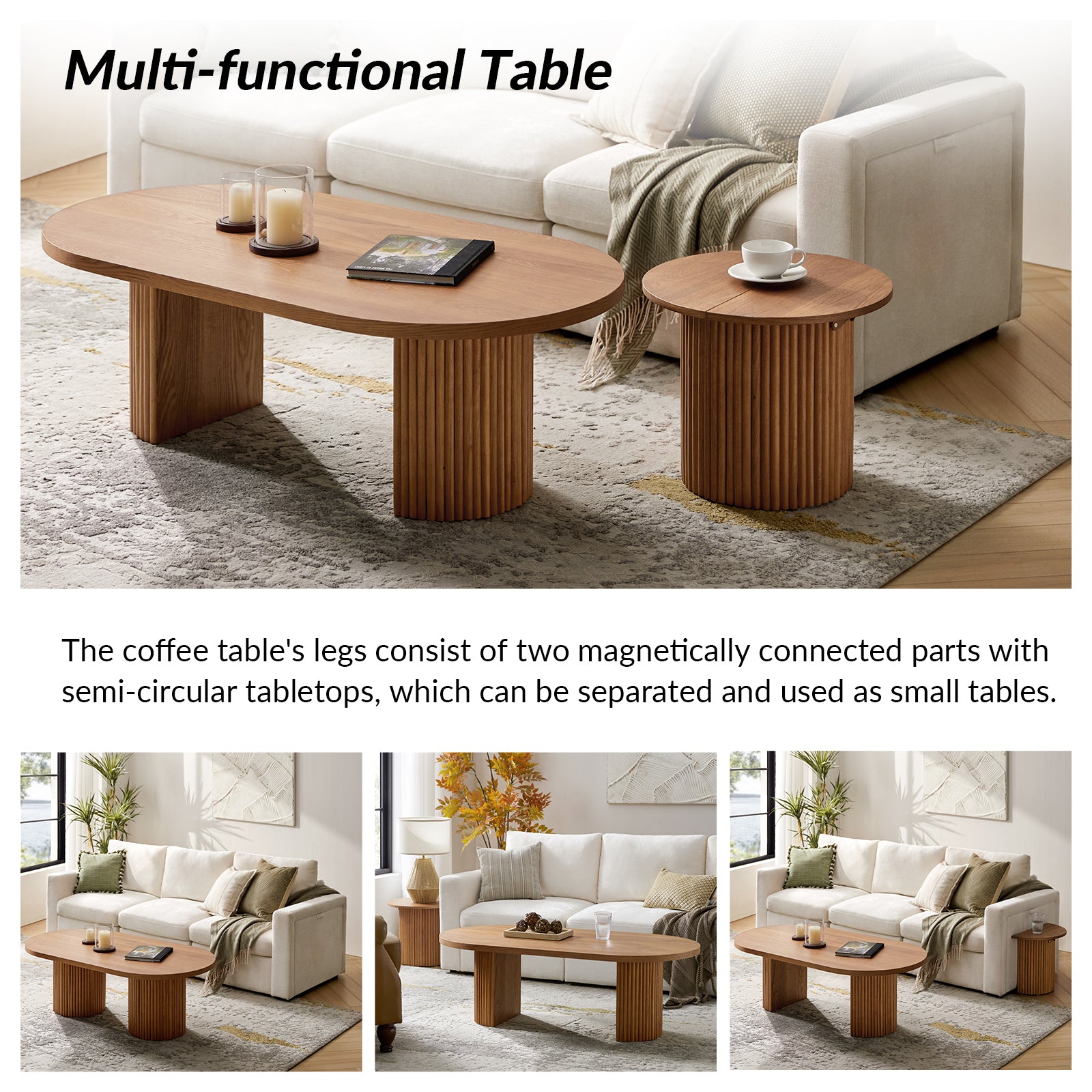 Laurenzo Adjustable Solid Wood Oval Coffee Table with Convertible Nesting Design - Modern Living Room Furniture for Small Spaces & Home Decor