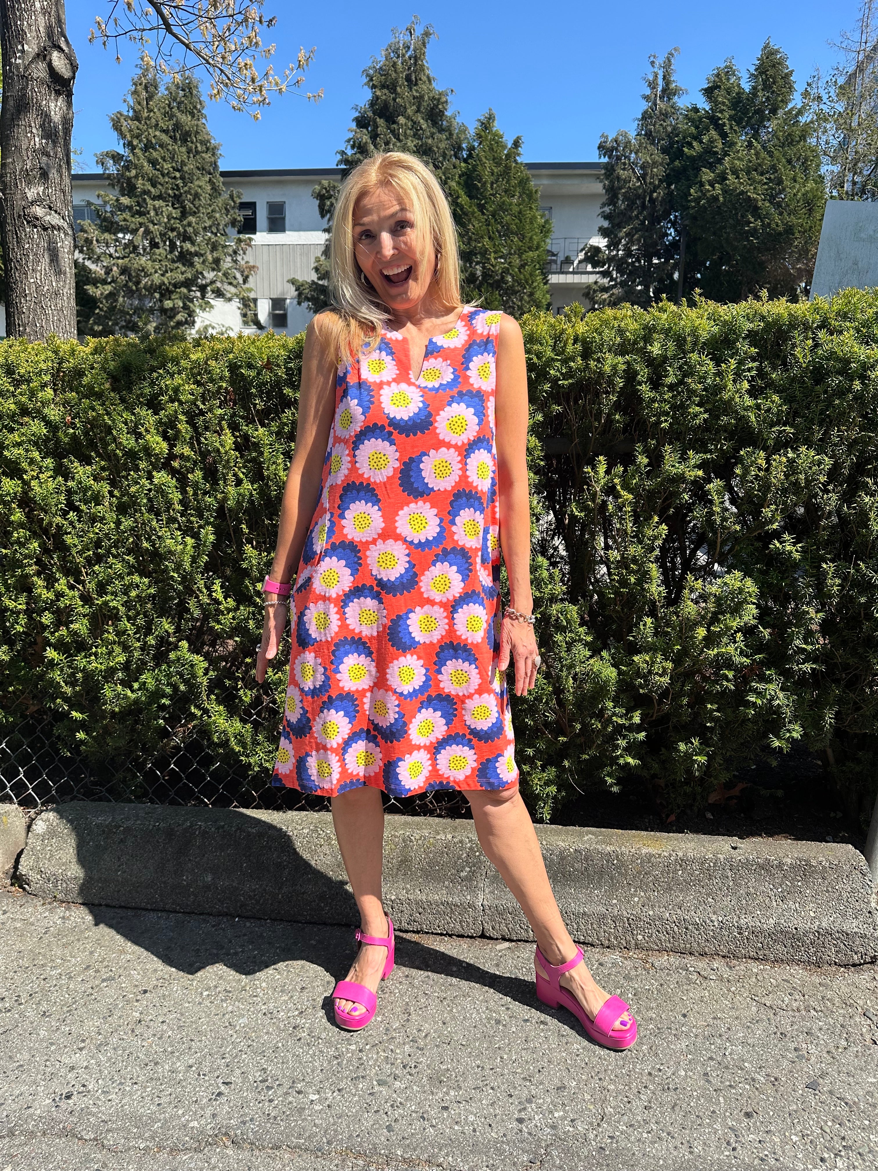 FO7508 Floral Print Notch Neck Dress - Women's Summer Floral Dress with V-Neckline, Elegant A-Line Silhouette - Perfect for Garden Parties, Weddings & Date Nights