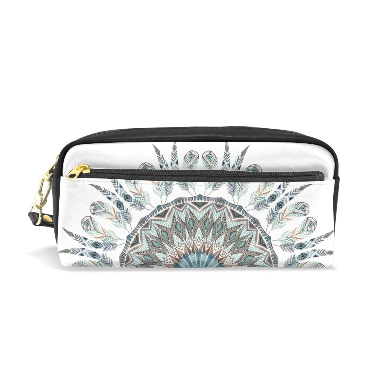 Vintage PU Leather Women's Makeup Brush Bag with Mandala Feather Pattern - Cosmetic Organizer Pouch for Travel, Toiletries, Lipstick & Electronics Storage - Multi-Functional Zippered Holder (2 Zippers) - Perfect for Daily Use, Travel Essentials & Gift Giving