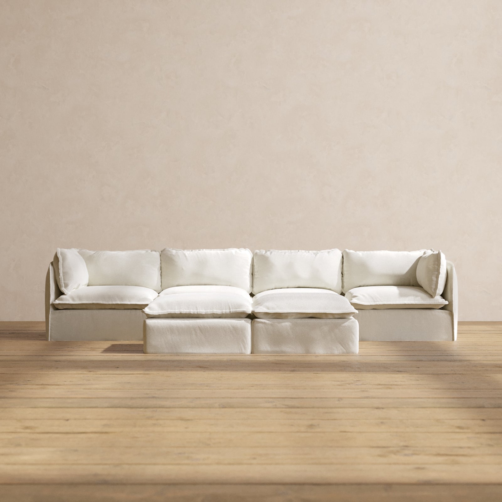 Modular Performance 4-Seater Sofa with Bench Ottoman in Eggshell White | Relaxed Blend Fabric | Perfect for Living Room, Family Room & Lounge Areas