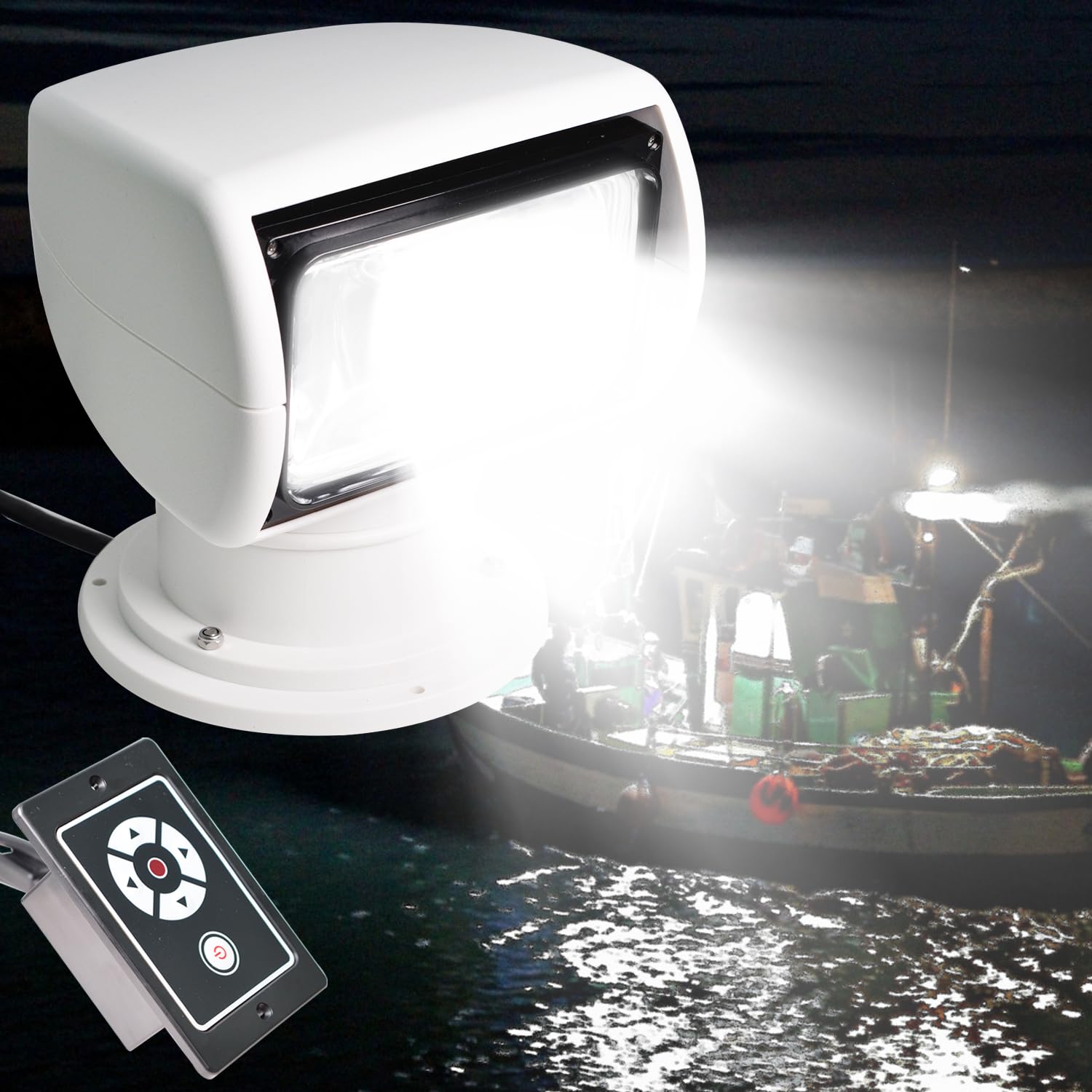 100W Remote Control Marine Spotlight for Boats & Trucks - 360° Rotating Halogen Search Light with 12V Power - Perfect for Night Fishing, Offshore Navigation, and Emergency Rescue Operations