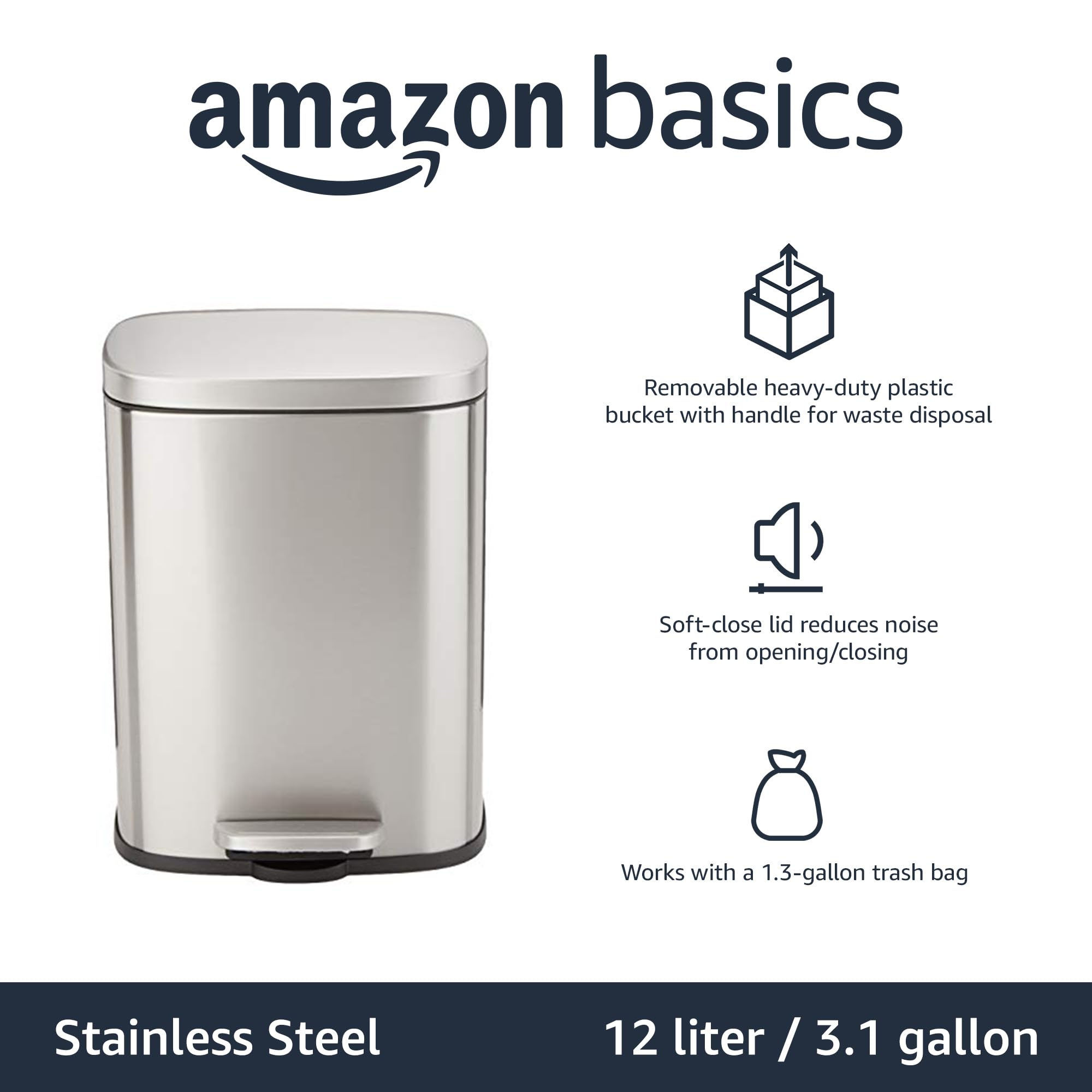 Amazon Basics Smudge Resistant Small Rectangular Trash Can with Soft-Close Foot Pedal - 12L/3.1 Gal Brushed Stainless Steel Bathroom & Living Room Garbage Bin - 11.3