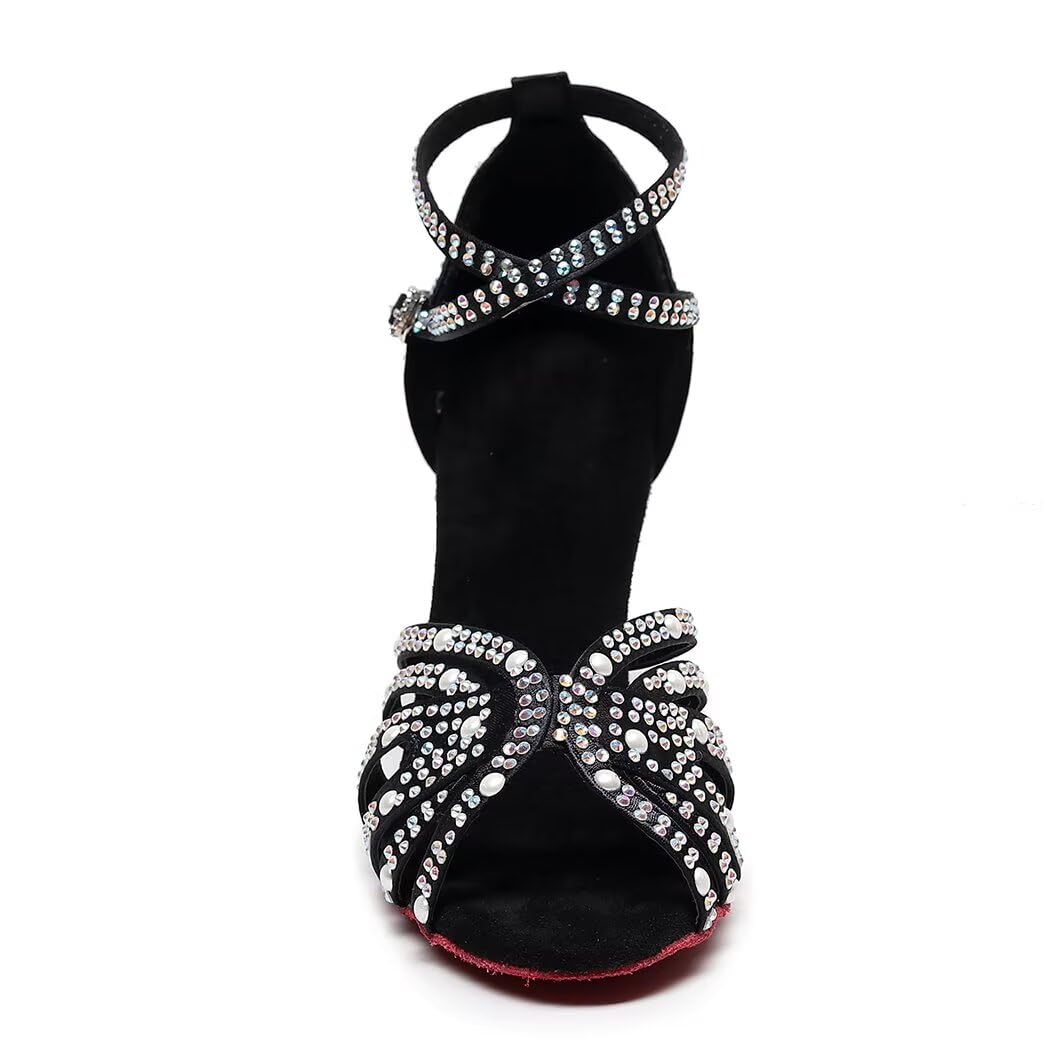 Sparkly Women's Rhinestone Salsa Dance Shoes - Comfortable Ballroom Latin Dance Shoes with Satin Finish for Bachata, Tango & Social Dancing | Perfect for Performances, Practice & Dance Classes