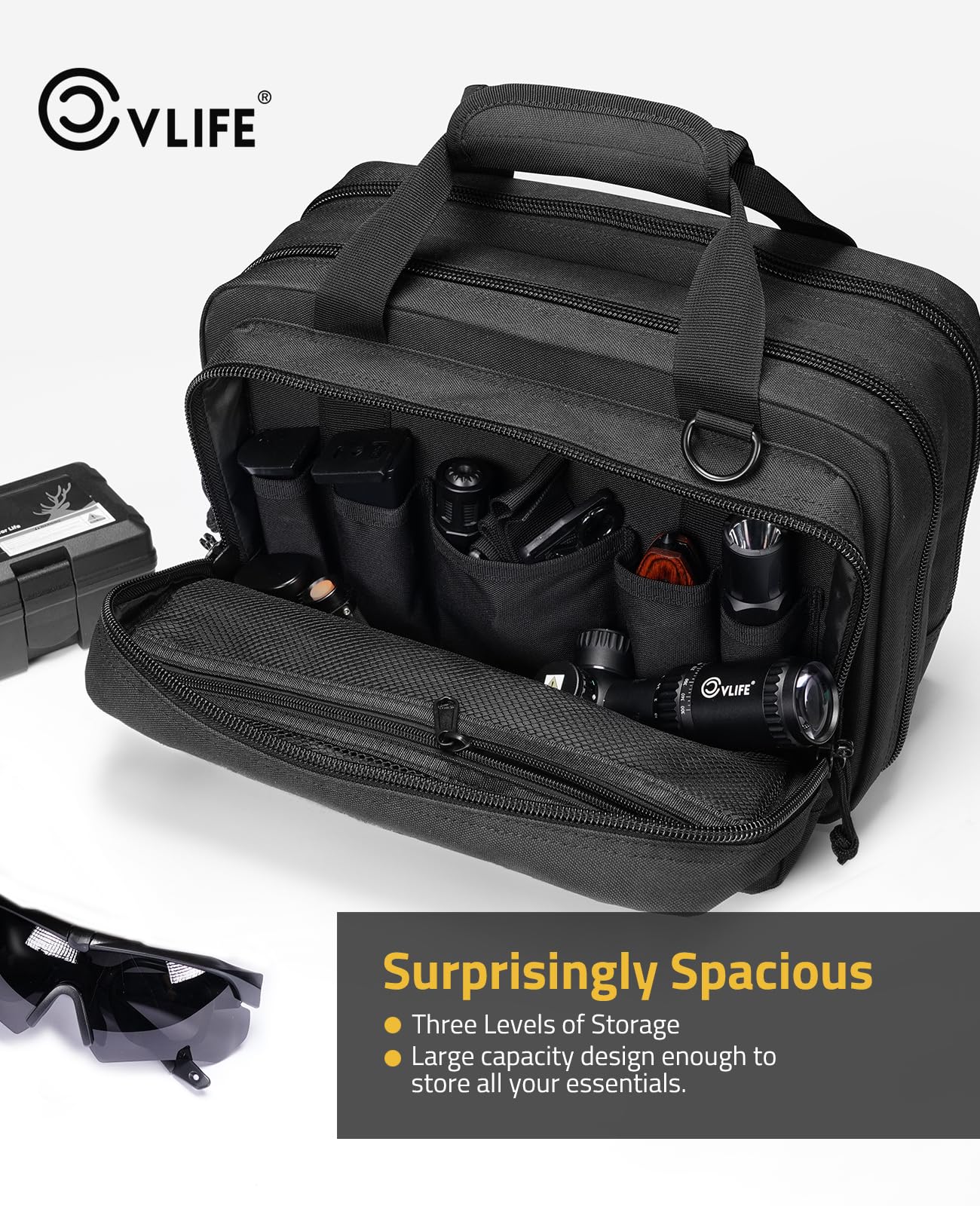 CVLIFE Tactical Gun Range Bag - Lockable 3 Compartment Pistol Case for Handguns, Hunting & Shooting Range - Durable Gun Carrying Case for Outdoor Sports & Firearm Storage
