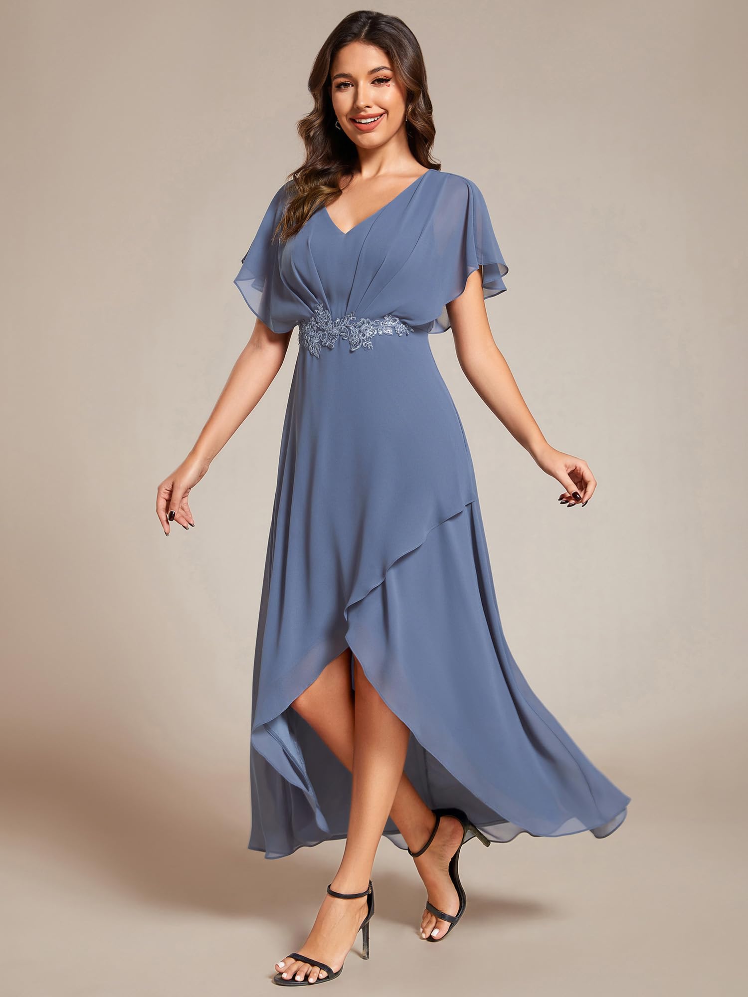 Ever-Pretty Women's A-Line V-Neck Applique Waist Tea-Length Formal Dress 02027 - Perfect for Wedding Guest, Cocktail Party, and Special Occasions