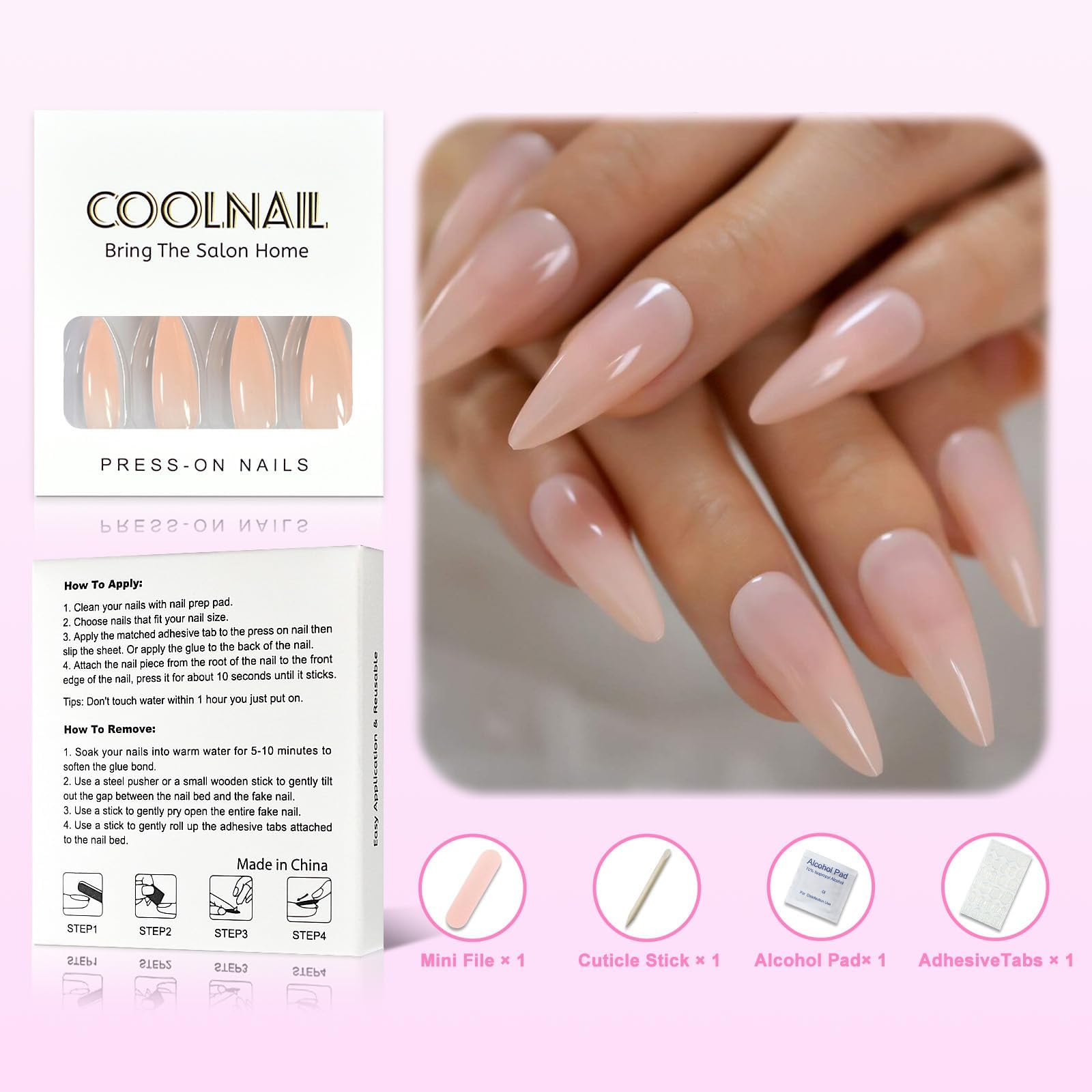 CoolNail Press-On Nails - Natural Nude Pointed Stiletto False Nail Tips, Acrylic Salon Full Cover Artificial Nails with Glue & Stickers | Perfect for Parties, Weddings & Everyday Wear