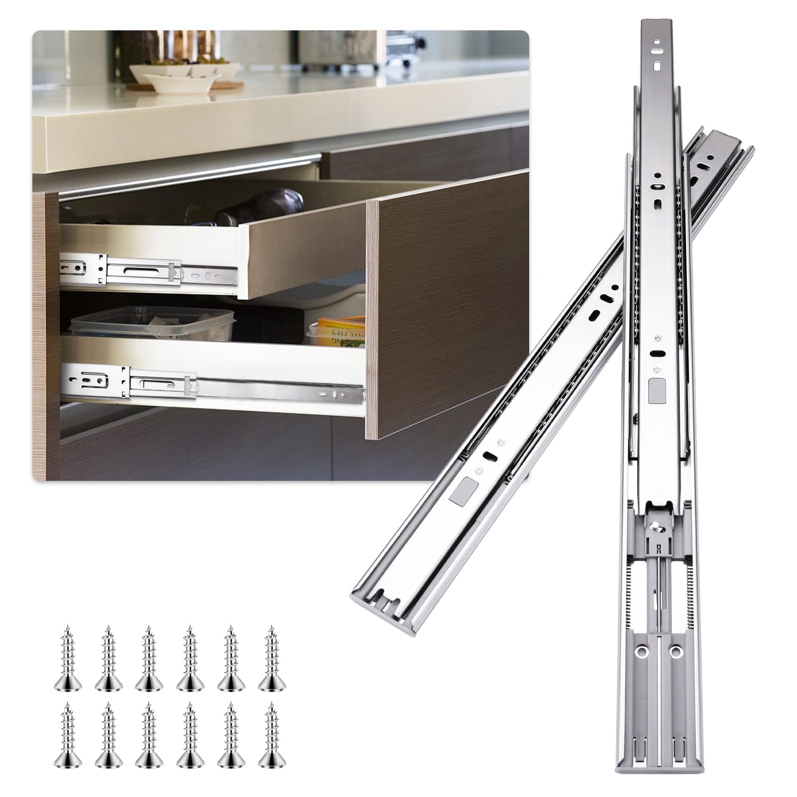 20 Inch Soft Close Drawer Slides - 6 Pairs (12pcs) Full Extension Ball Bearing Side Mount Drawer Rails - Heavy Duty 100LB Capacity Silver Metal Dresser Runners for Kitchen Cabinets, Wardrobes, File Cabinets & Trash Cans - Perfect for Smooth, Quiet Drawer Operation in Home & Office Furniture
