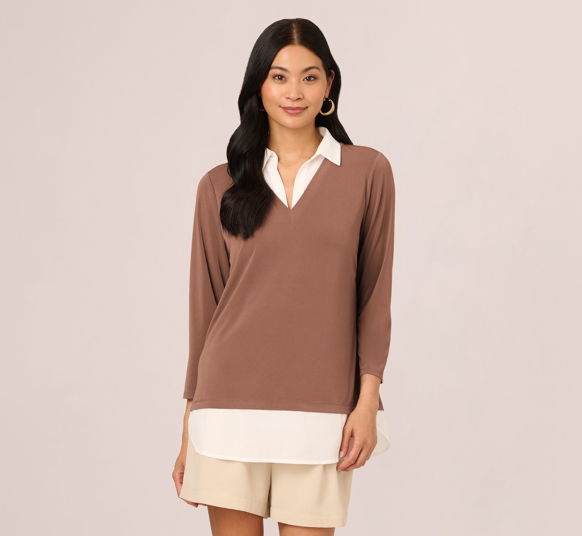 Elderberry Ivory Twofer Sweater with Three Quarter Sleeves & Collar - Perfect for Office Wear, Casual Outfits & Fall Layering