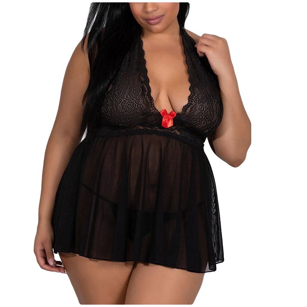 Sexy Plus Size Lingerie for Women - Halter Lace Babydoll Nightgown & Sleepwear Set for Boudoir, Date Night, and Special Occasions
