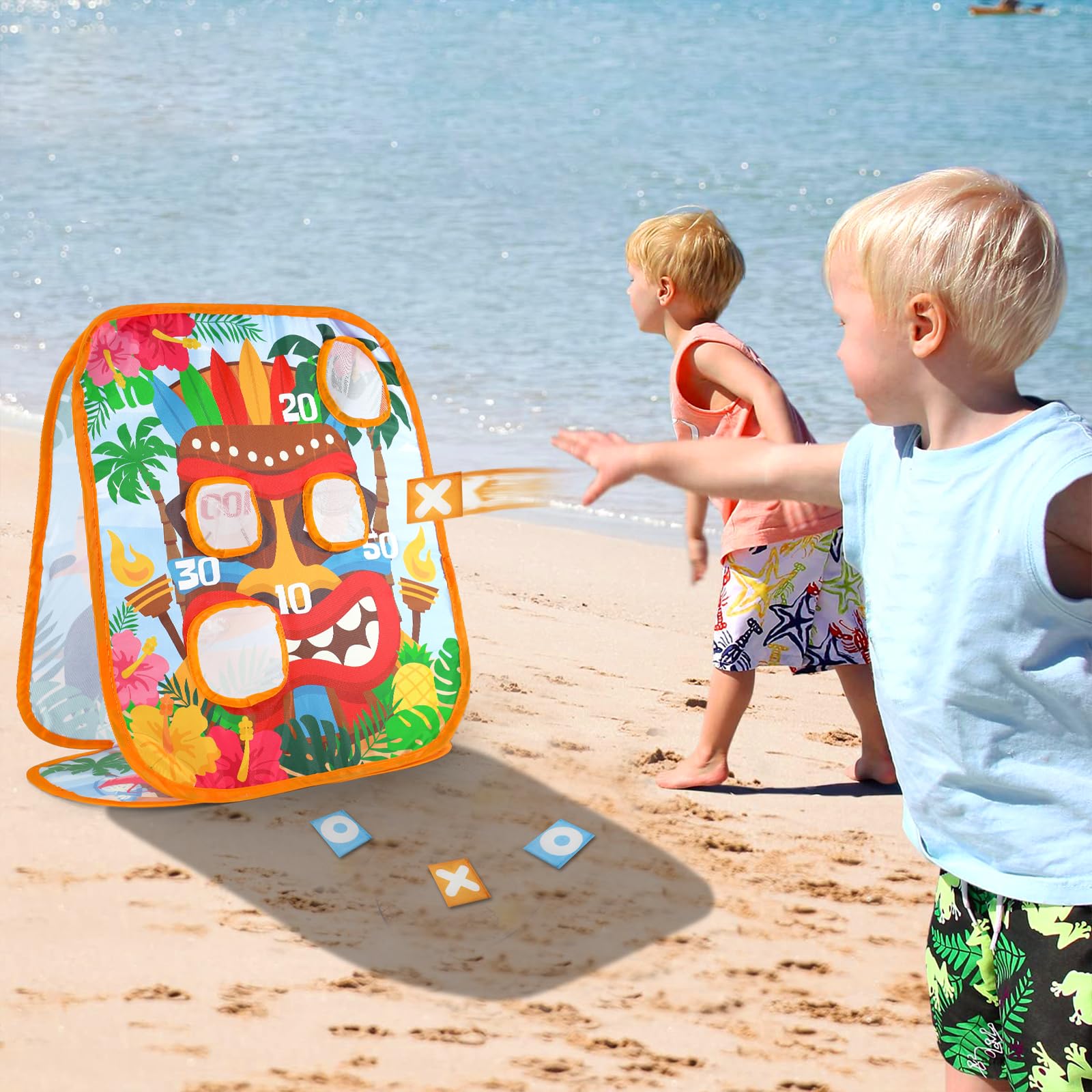 Bessmoso Double-Sided Collapsible Cornhole Board Set - Hawaiian Luau Party Games for Adults & Kids - Indoor/Outdoor Bean Bag Toss Game for Backyard, Beach, BBQ & Summer Tropical Parties - Perfect for Family Gatherings, Kindergarten Events & Tiki Themed Celebrations