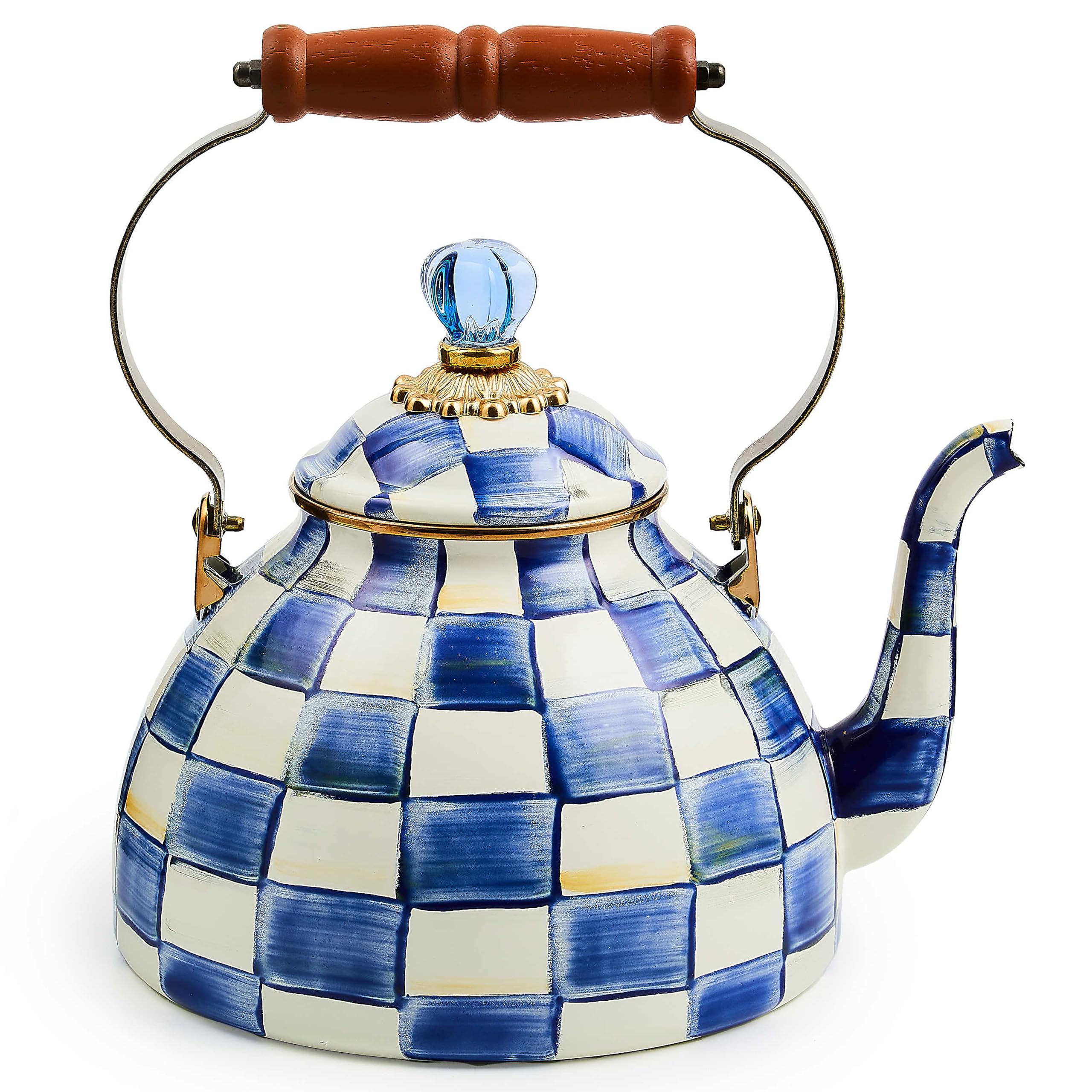 MACKENZIE-CHILDS Enamel Tea Kettle 3 Quart - Blue & White Royal Check Stovetop Teapot - Vintage Style Tea Kettle for Gas & Electric Stoves - Perfect for Home Kitchen, Afternoon Tea & Gift Giving