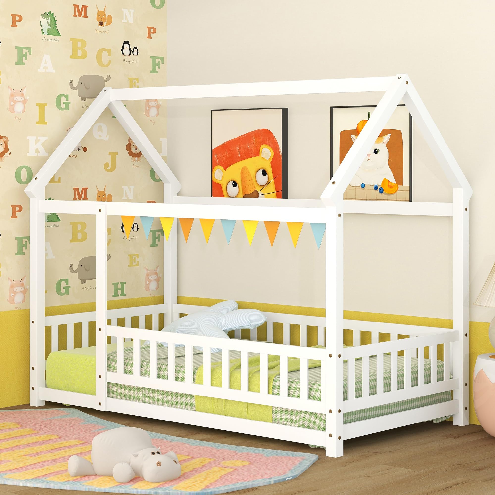 Bellemave Twin Size Wooden Montessori Floor Bed with Fence & Roof - Playhouse Bed Frame for Kids, Girls & Boys - Perfect for Bedrooms, Playrooms & Montessori Learning Spaces (Twin, White)