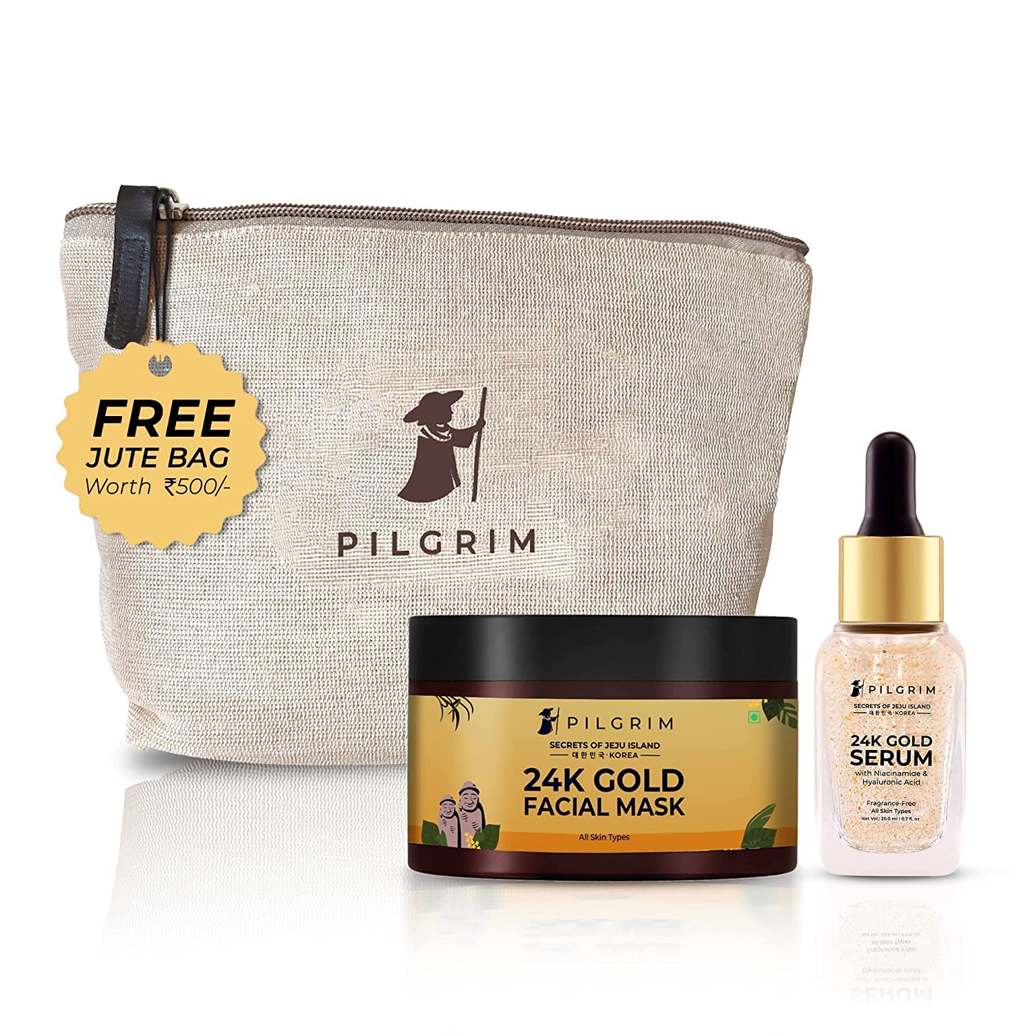 24K Gold Facial Kit for Dewy Glass Skin | Pilgrim Korean Skincare Set with 24K Gold Face Mask (50g) & Serum (20ml) | Radiant Glow Treatment for Women & Men | Spa Day & Self-Care Gift | Includes FREE Jute Bag