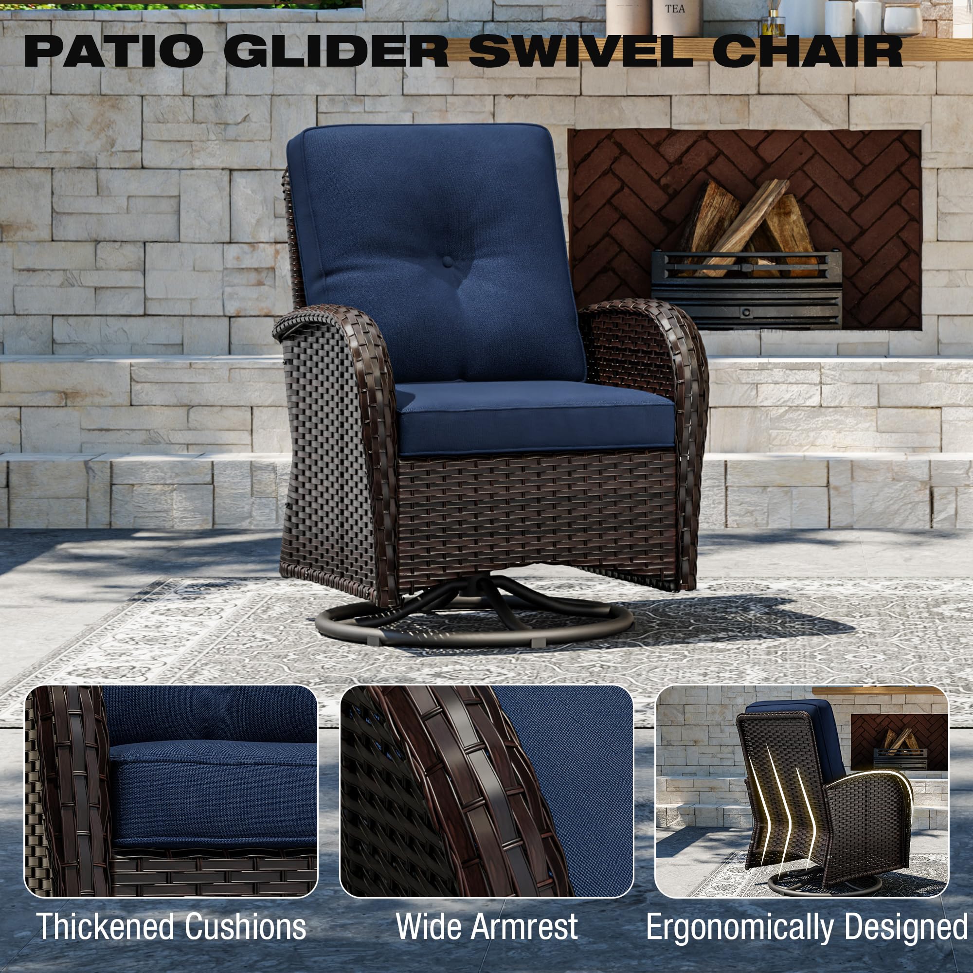 Joyside 3-Piece Outdoor Swivel Rocker Chair Set with Thick Cushions & Side Table - Brown/Blue Rattan Wicker Patio Furniture for Porch, Deck, Garden, Poolside & Backyard Relaxation