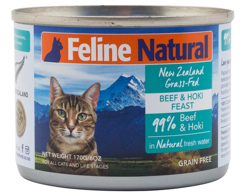 Premium Beef & Hoki Canned Wet Cat Food - Grain-Free, High Protein - Feline Naturals 6 oz (Pack of 12) - Perfect for Adult Cats & Kittens - Mealtime, Weight Management & Picky Eaters