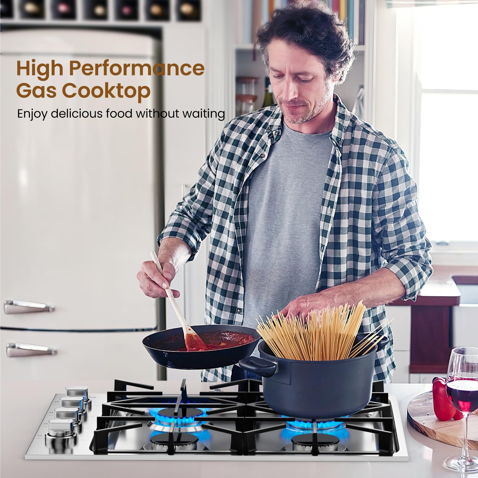 COSTWAY 30-inch 4 Burner Gas Cooktop - Stainless Steel Gas Stove Top with ABS Knobs & Cast Iron Grates - NG/LP Convertible Sealed Burner Range for Kitchen - Easy Clean Silver Surface - Perfect for Home Cooking, Baking & Entertaining