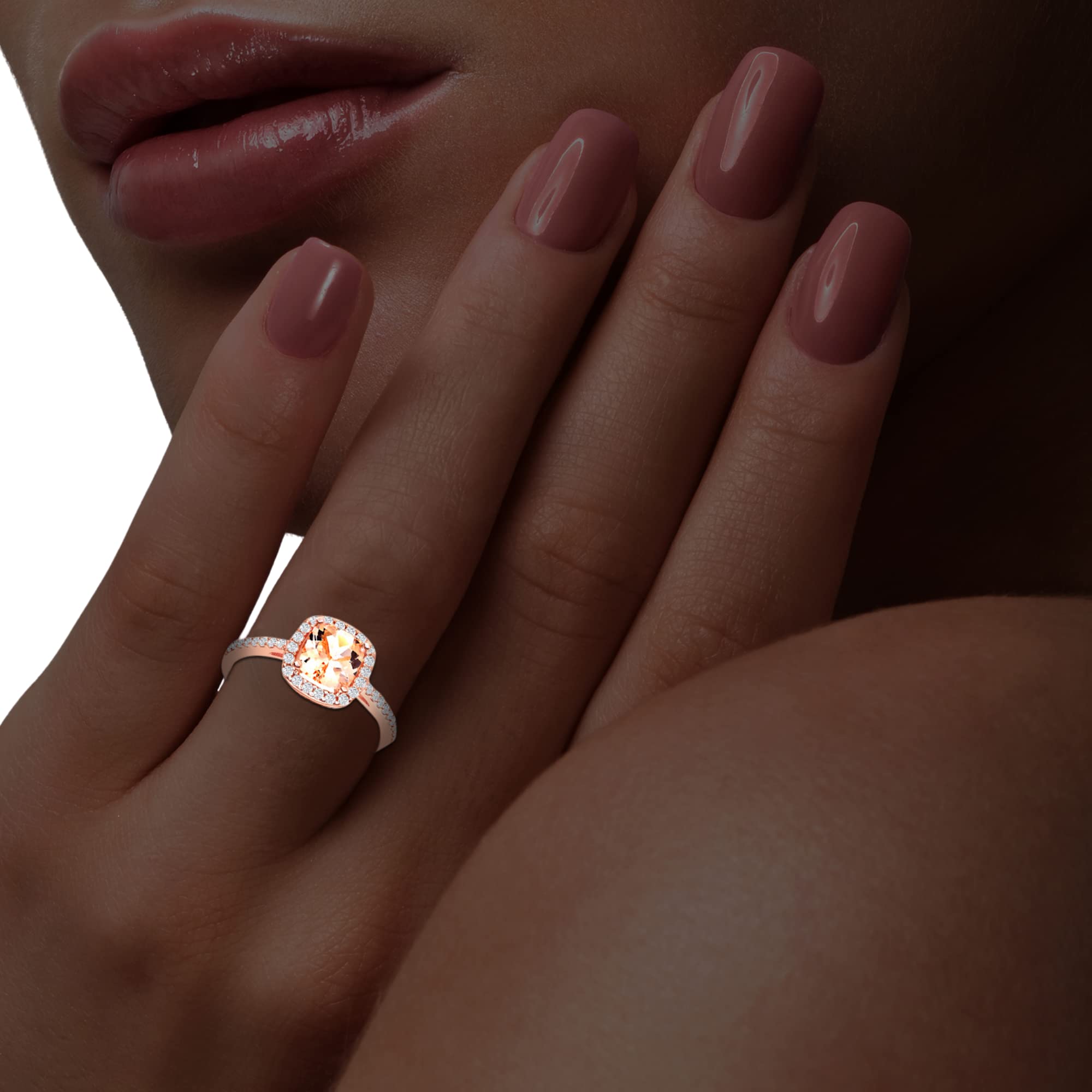 Simulated Morganite Engagement Ring for Women - Sterling Silver Rose Gold Plated with CZ Diamond Halo | Oval, Heart, Pear, Round & Princess Cut | Elegant Wedding, Anniversary & Valentine's Day Gift