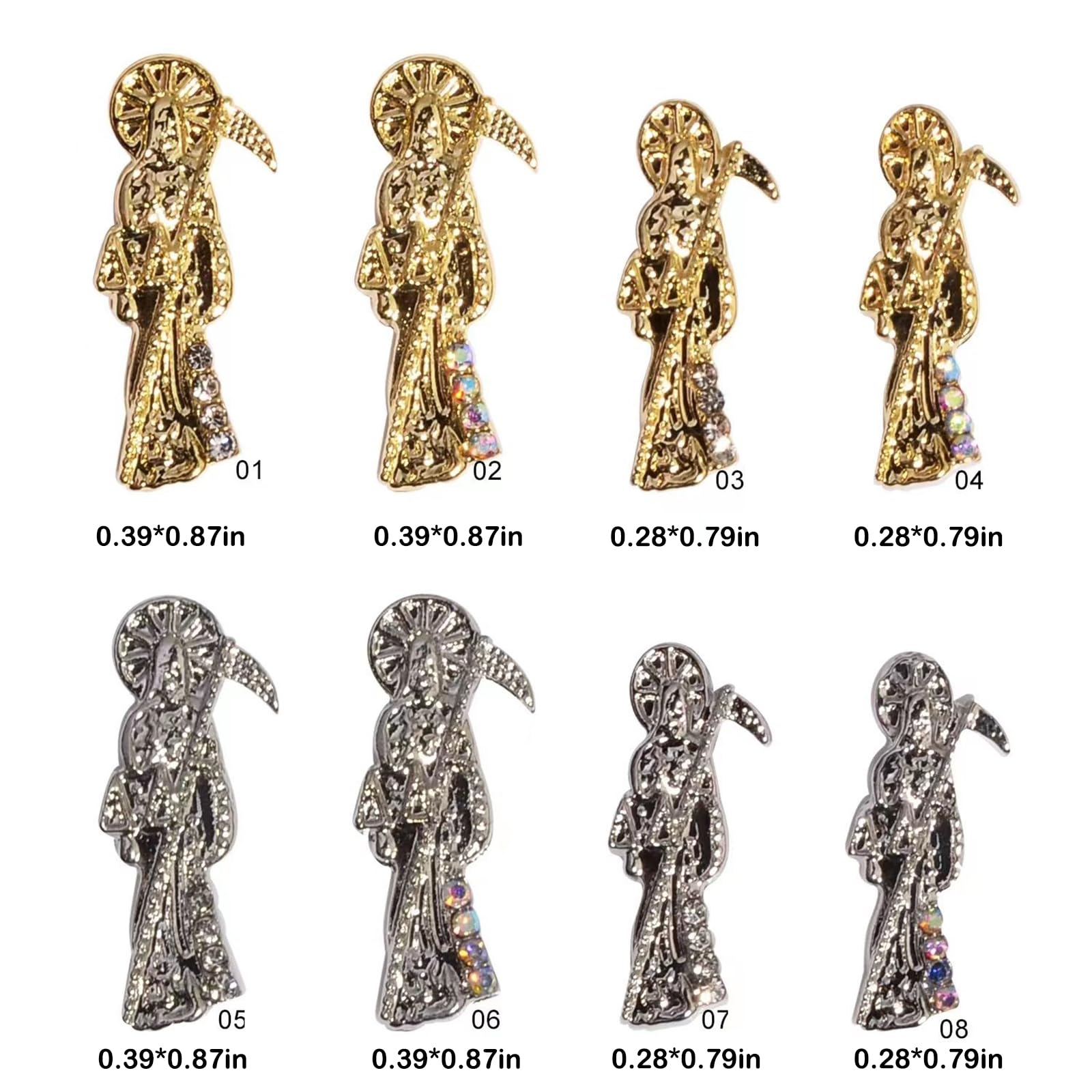 16PCS Santa Muerte Nail Charms - Gold & Silver Alloy Grim Reaper Nail Rhinestones for Acrylic Nails, Nail Art Gems & DIY Manicure Accessories | Perfect for Halloween, Gothic Nail Designs & Unique Nail Art Creations