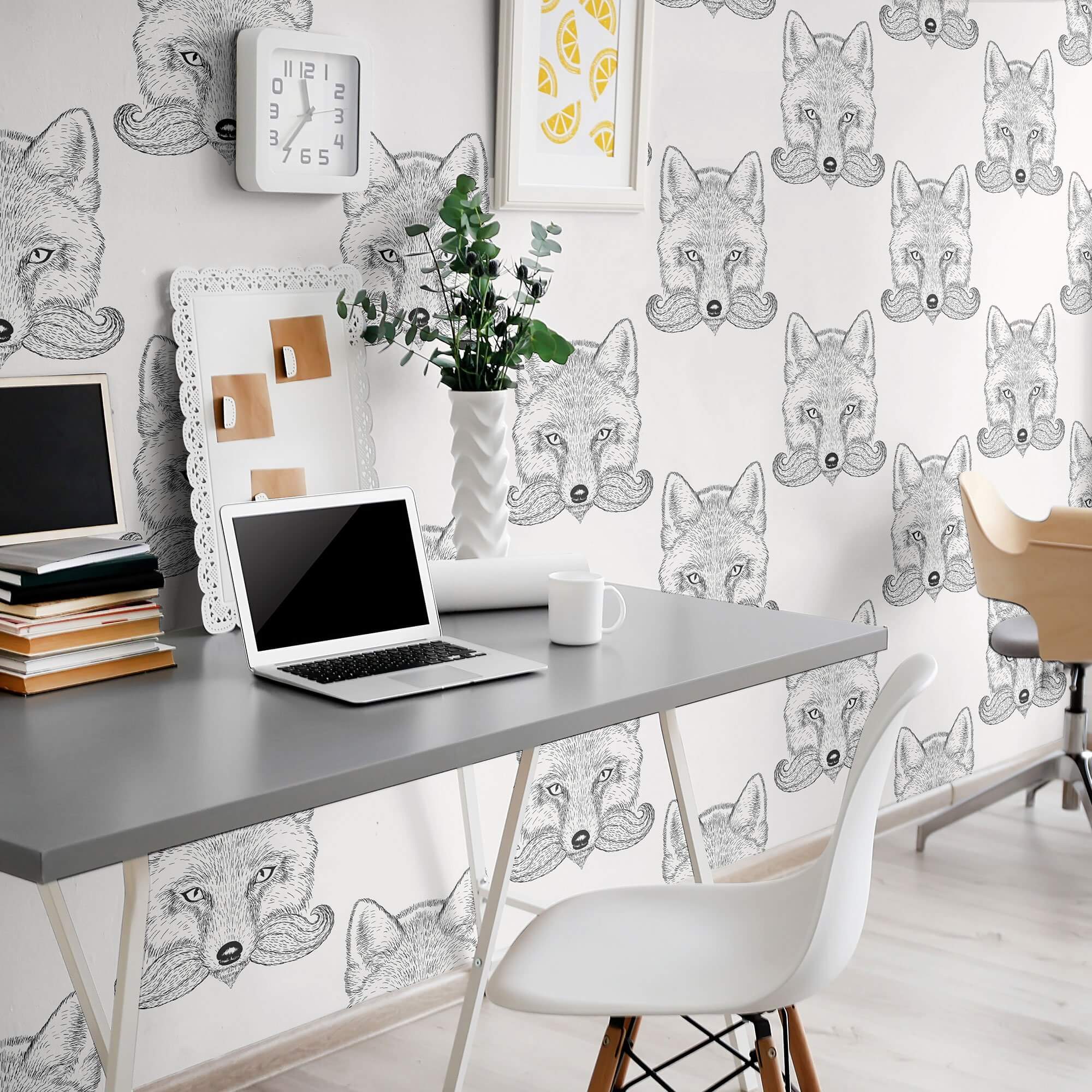 White and Black Fox Animal Peel and Stick Removable Wallpaper 9729 - Self-Adhesive Decorative Wall Mural for Nursery, Kids Room, and Home Decor