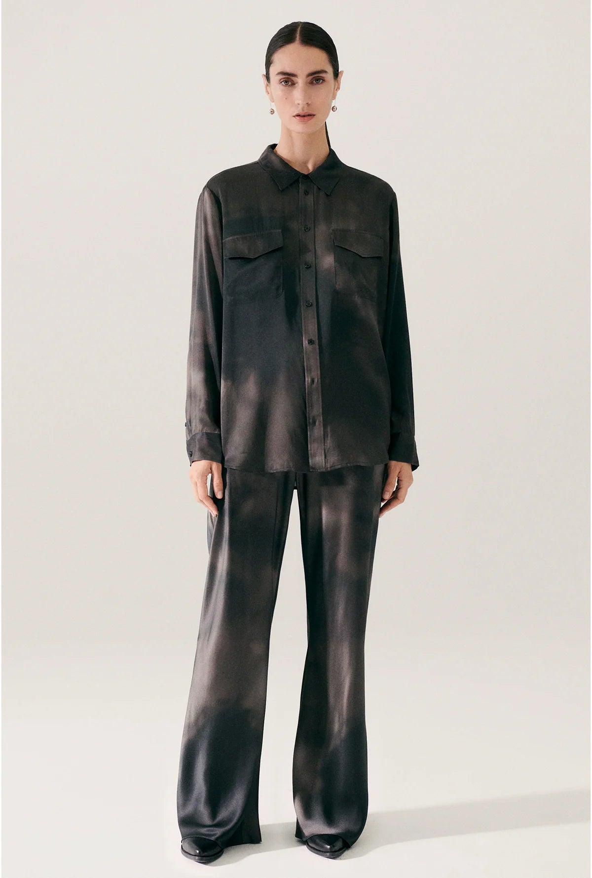 Bias Cut Pants for Women - High Waist Flowy Wide Leg Trousers in Smoke Gray - Perfect for Office, Casual & Evening Wear