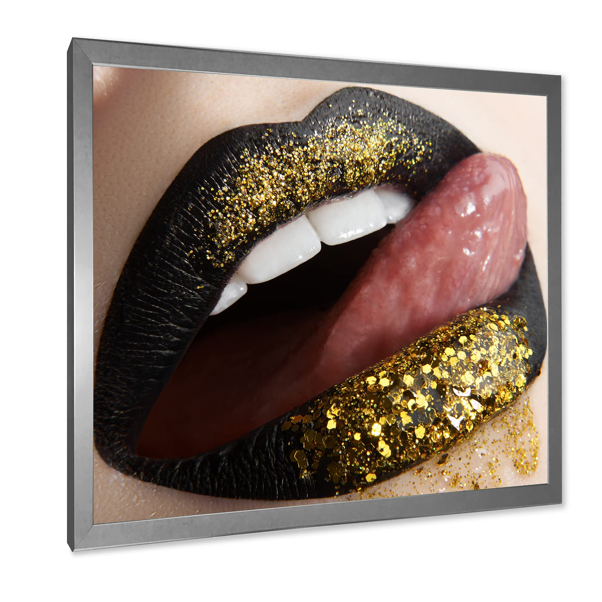 Black Lipstick & Gold Sequins Framed Wall Art - Modern Female Lips Decor for Living Room, Bedroom & Office