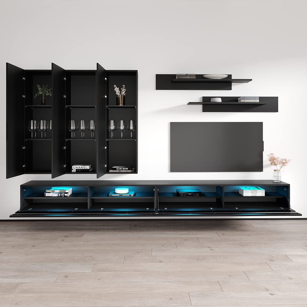 Modern Floating TV Stand with LED Lights & Storage - Wall-Mounted Entertainment Center for Bedroom & Living Room - E1 35TV Console with Shelves - Perfect for Small Spaces & Home Theater Setup - Black