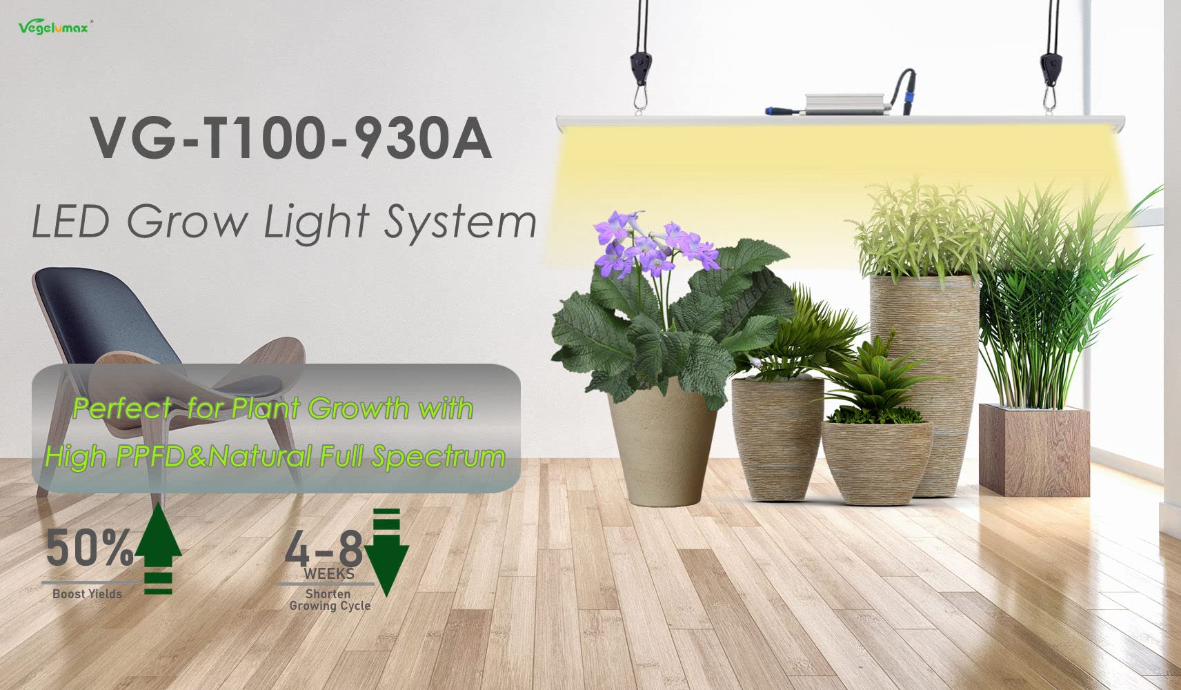 Full Spectrum LED Grow Light for Indoor Plants - 100W, 4ft, 3200K CCT, CRI 90+ High Output White Light with Dimmer & On/Off Switch - Perfect for Vegetables, Flowers, and Herbs Growth in Hydroponics, Greenhouses & Home Gardens