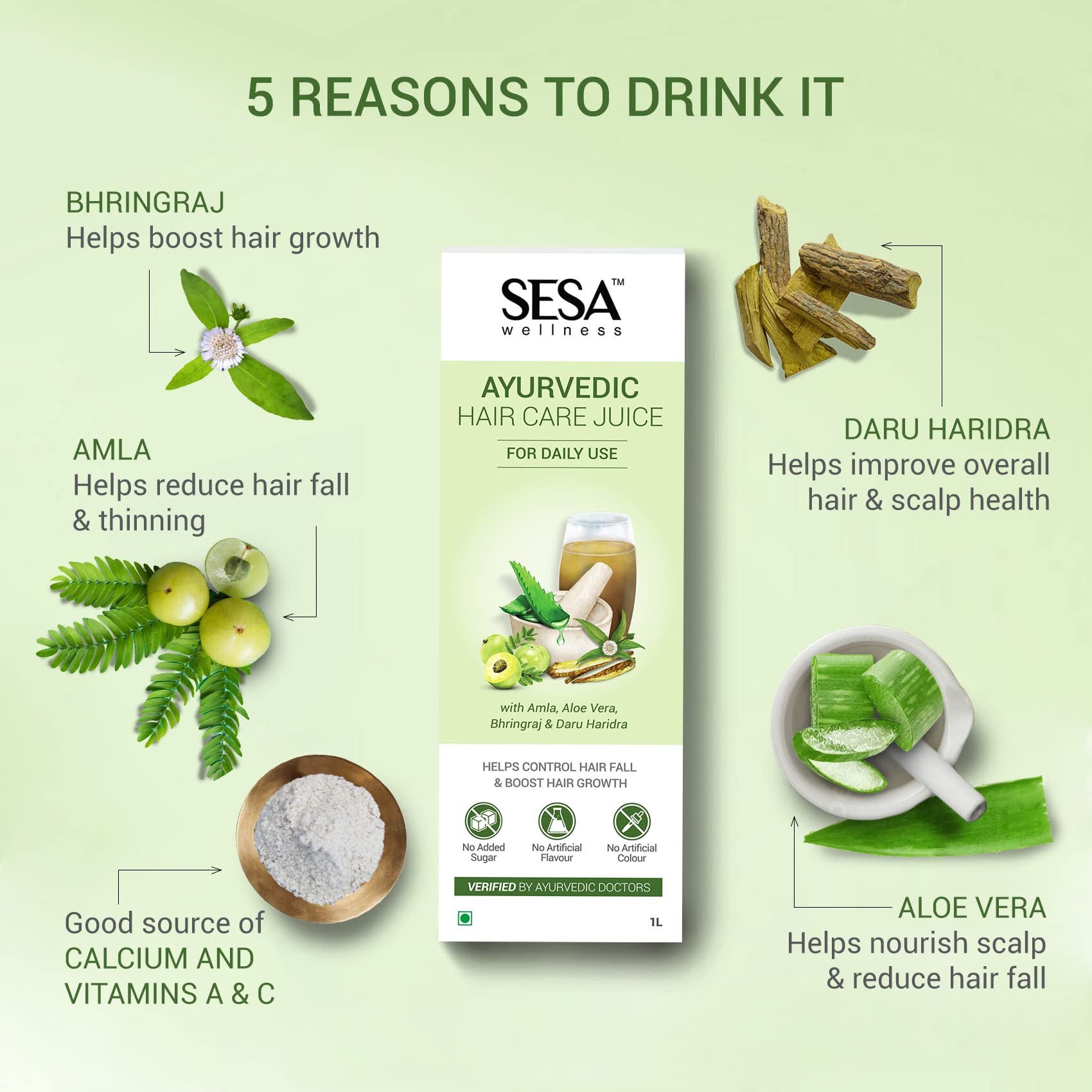 SESA Ayurvedic Hair Care Juice for Hair Growth & Hair Fall Control - Natural Bhringraj, Aloe Vera, Amla & Daru Haridra Extract - 1L Bottle (Pack of 1) - Promotes Thicker, Stronger Hair for Men & Women - Perfect for Daily Hair Care Routine & Scalp Treatment