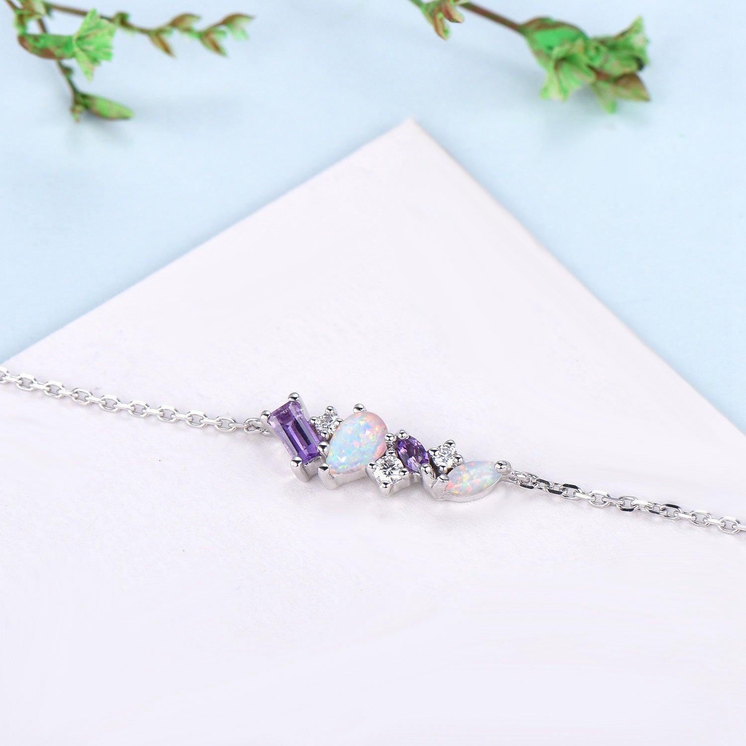 Elegant Pear-Shaped White Opal Bracelet with Multi-Stone Baguette Amethyst & Moissanite - Silver & Gold Art Deco Jewelry for Anniversary Gift | Perfect for Weddings, Parties & Special Occasions