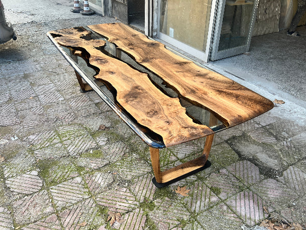 Epoxy Resin River Dining Table with Premium Walnut Wood Legs - Perfect for Modern Home Dining Room, Kitchen, and Office Spaces