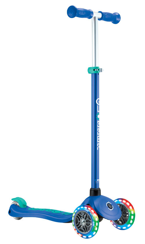 Globber Primo Plus Lights Scooter for Kids - Adjustable Height, LED Wheels, Navy Blue/Emerald Green - Perfect for Outdoor Play, Commuting & Neighborhood Rides