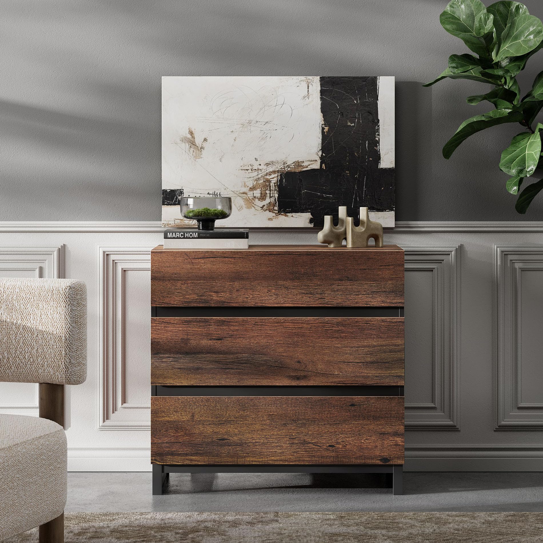WAMPAT 42 Inch Modern TV Stand with 3 Drawers & Metal Base - Entertainment Center TV Console for Living Room & Bedroom - Brown Wood Media Cabinet for Flat Screen TVs - Perfect for Small Spaces & Apartment Decor