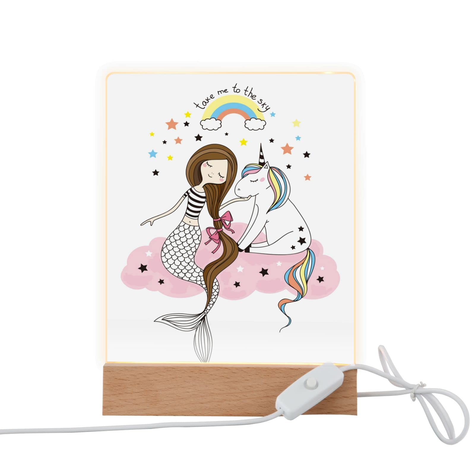 Cute Unicorn Mermaid Night Light - Acrylic LED Photo Lamp with Wooden Base & USB Cable - Perfect for Kids' Bedroom, Nursery Decor & Gift Idea