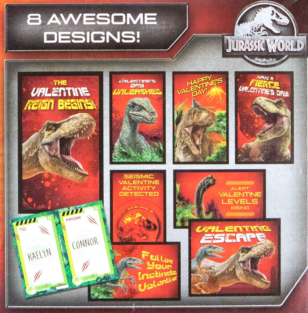 Jurassic World Valentine's Day Dinosaur Gift Set - 8 Unique T-Rex, Triceratops & Velociraptor Cards for Classroom Exchange, Kids Party Favors & School Valentine's Day Activities