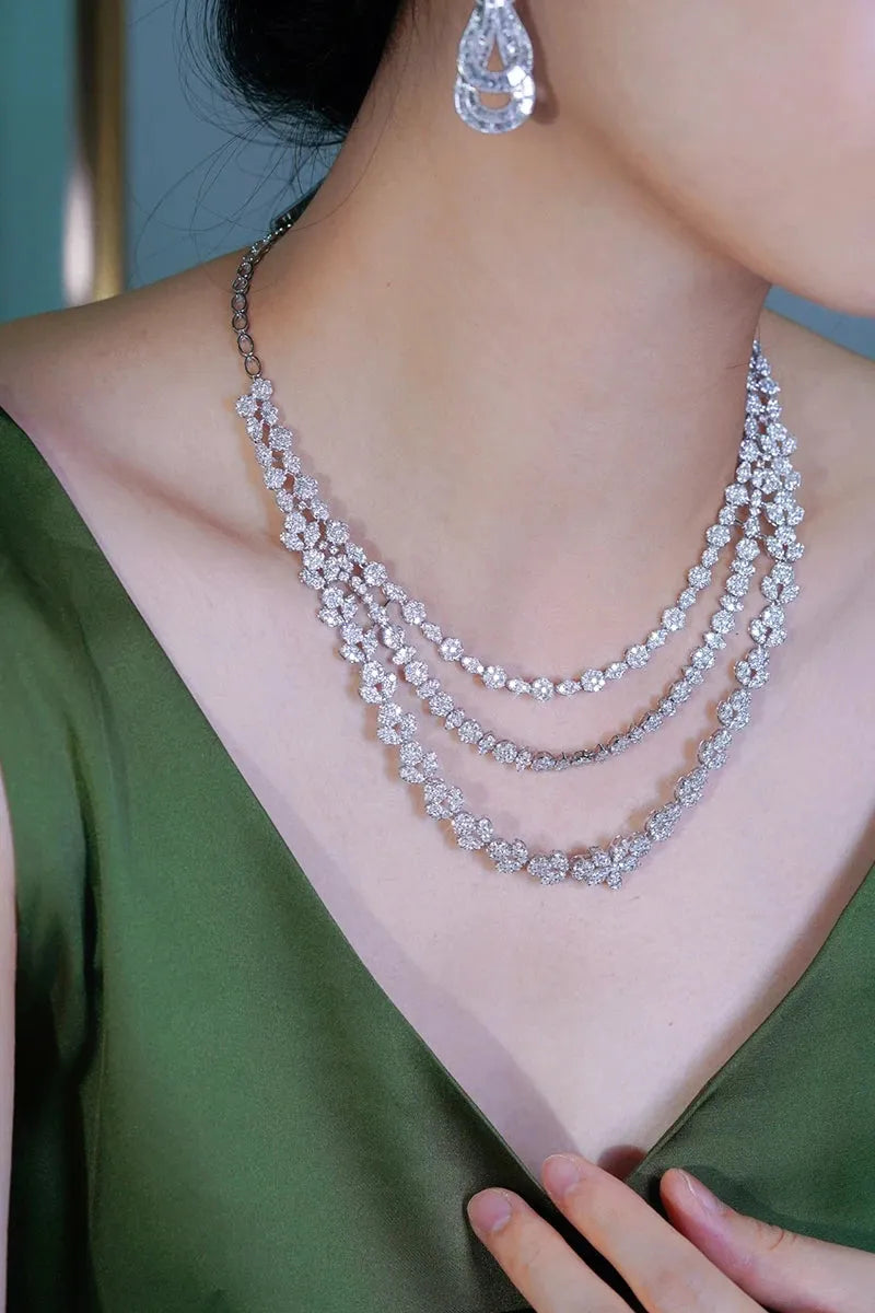 18K White Gold Luxury Three-Layer Diamond Necklace for Women | 20.50 Carat Natural Real Diamonds | Elegant Party Jewelry & Gift for Anniversary, Wedding, Prom | Shiny Statement Piece for Evening Events & Special Occasions