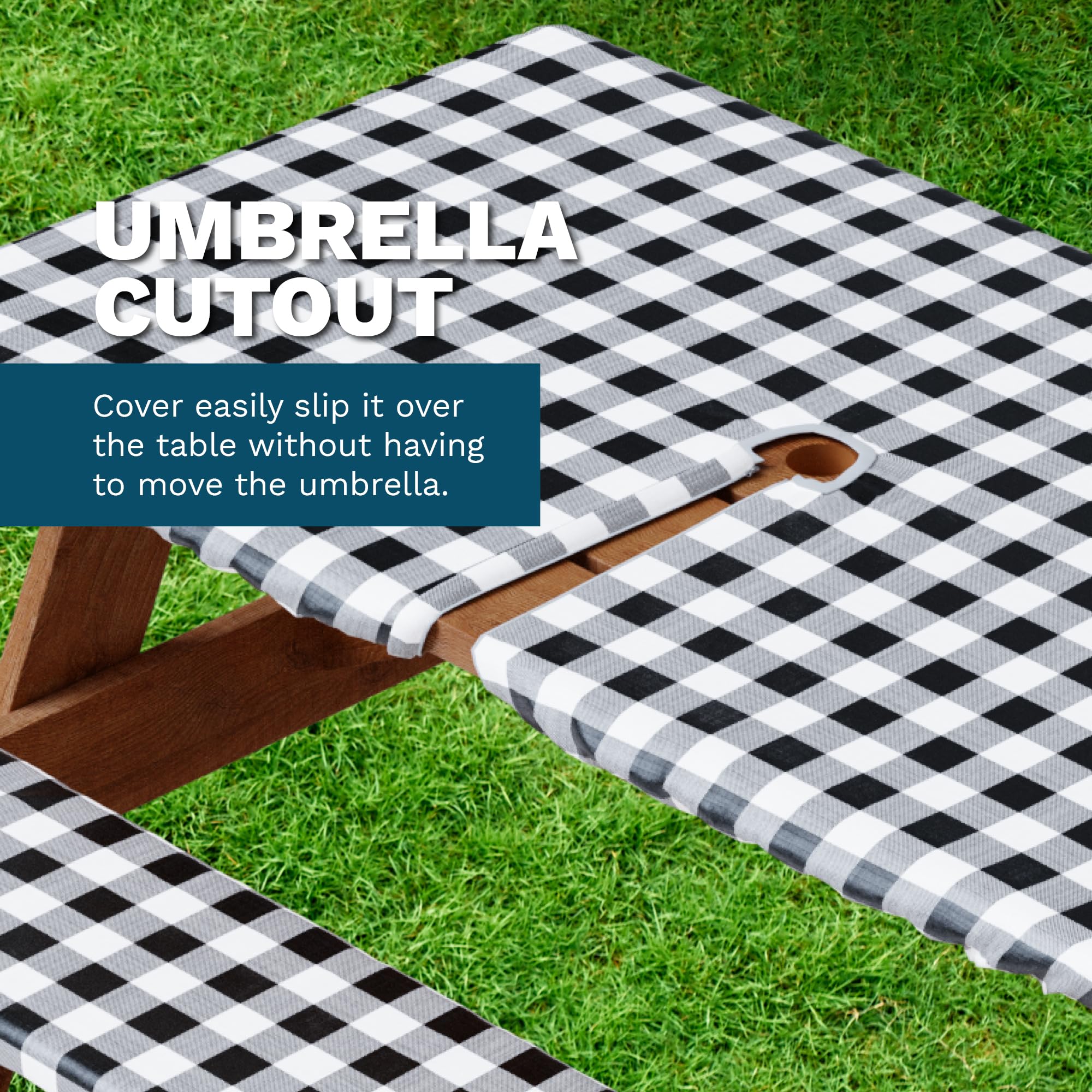 Sorfey 30x96 Inch Vinyl Umbrella Picnic Table and Bench Set with Checkered Tablecloth Cover - Flannel Backed Lining, 3-Piece Outdoor Dining Set in Green for Patio, Garden, and Backyard BBQs