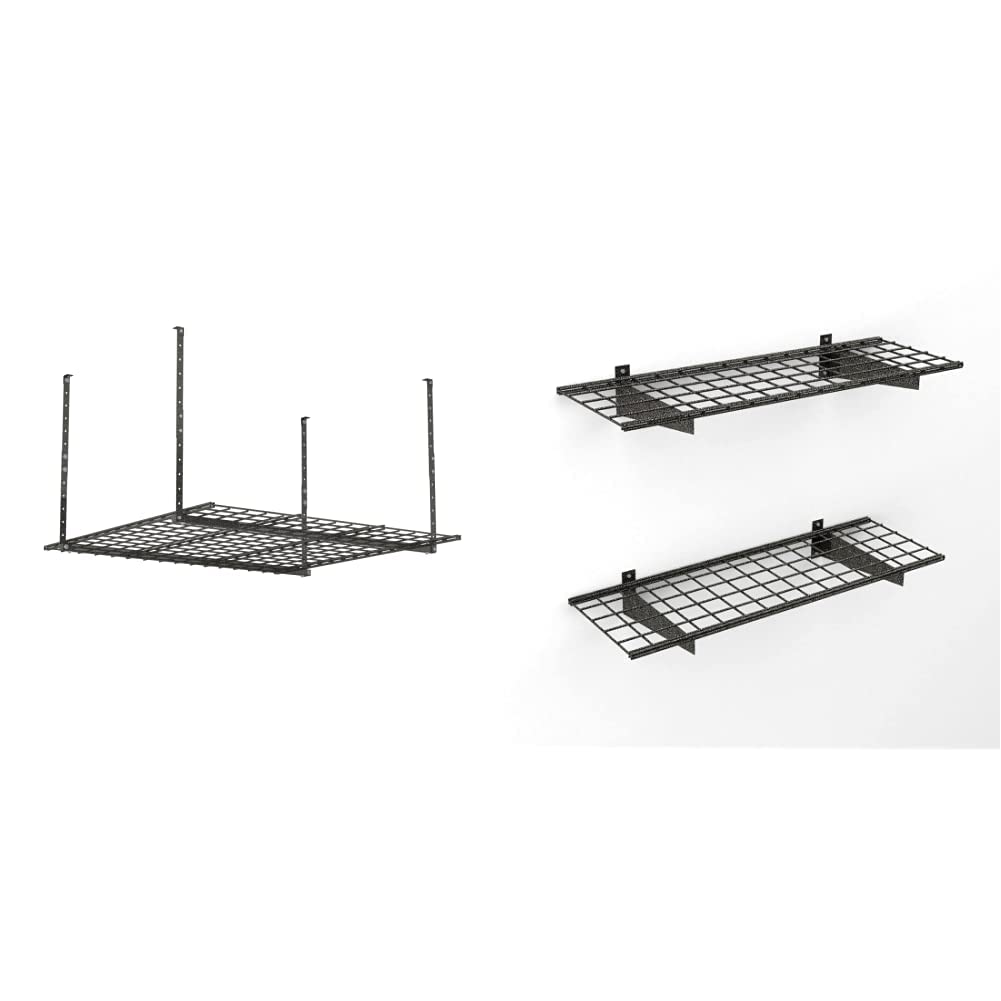 Overhead Garage Storage System and Wall Shelves Bundle - 2 Pack Heavy Duty Organizer for Garage, Basement & Workshop - Perfect for Storing Tools, Sports Gear & Seasonal Items