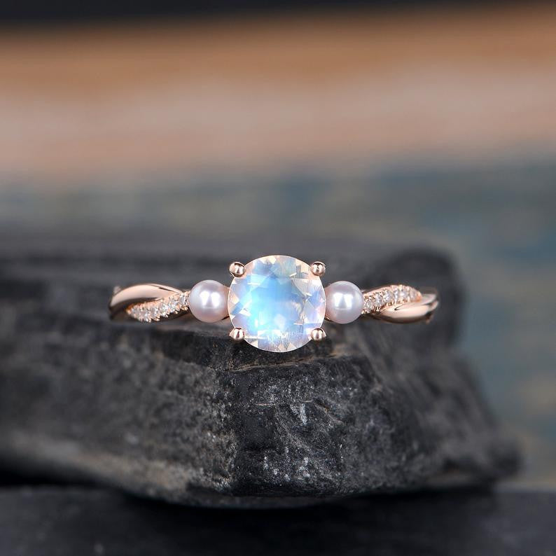 Infinity Round Cut Moonstone Engagement Ring with Akoya Pearl - 14K White Gold Three Stone Wedding Band for Bridal, Anniversary & Special Occasions