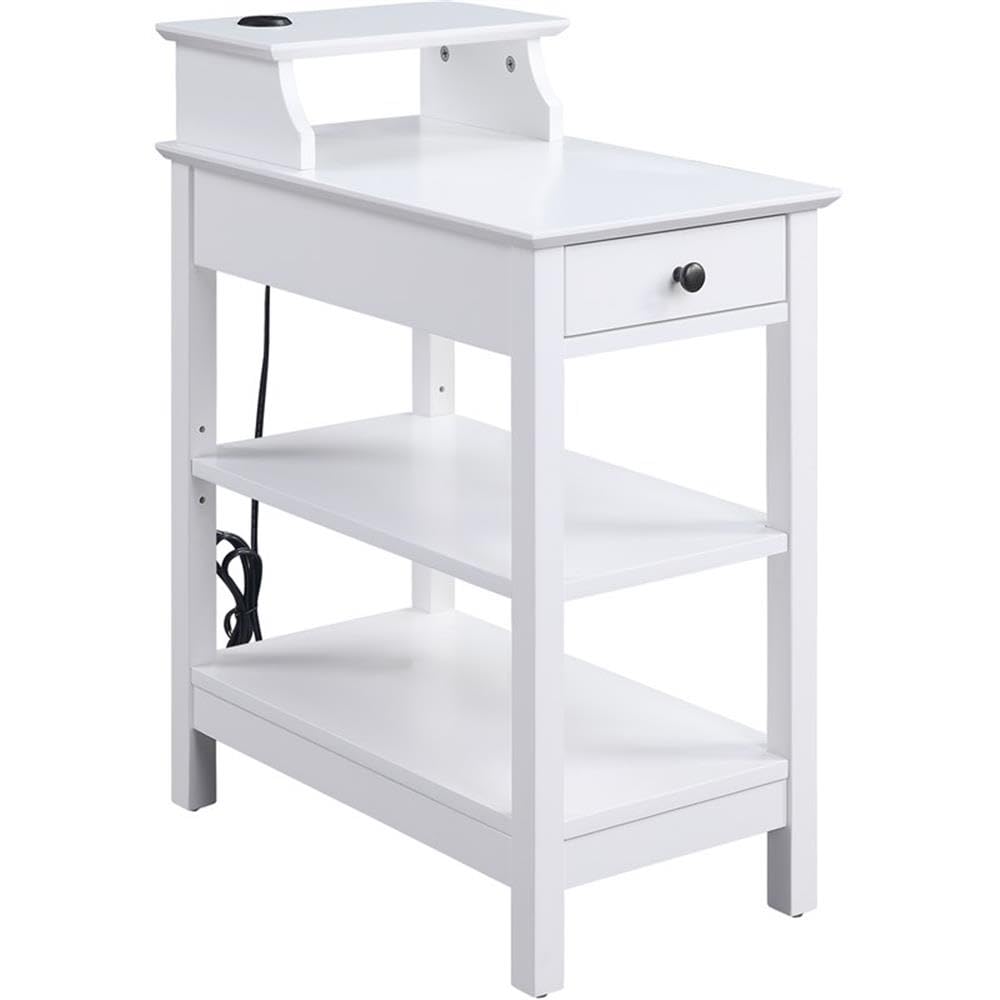 BOWERY HILL Modern White Wooden Side Table with Built-in USB Charging Port - Perfect for Living Room, Bedroom & Office Use