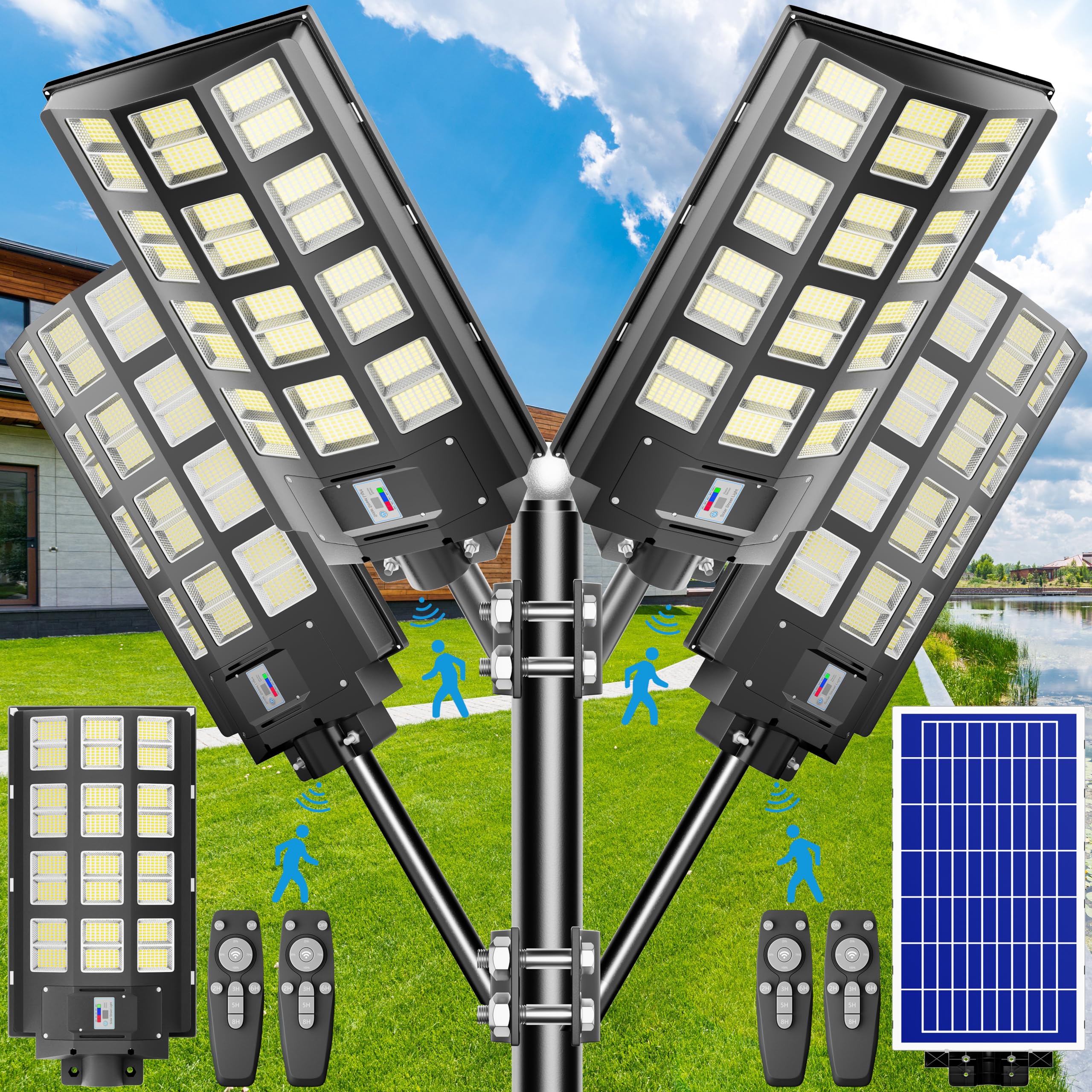 6800W Solar Street Light Outdoor Waterproof IP67 - 240000 Lumens Solar Parking Lot Lights with Dusk to Dawn Motion Sensor - Solar Powered Street Lights for Driveway, Garden, Pathway (4-Pack) - Perfect for Parking Lots, Backyards & Commercial Areas