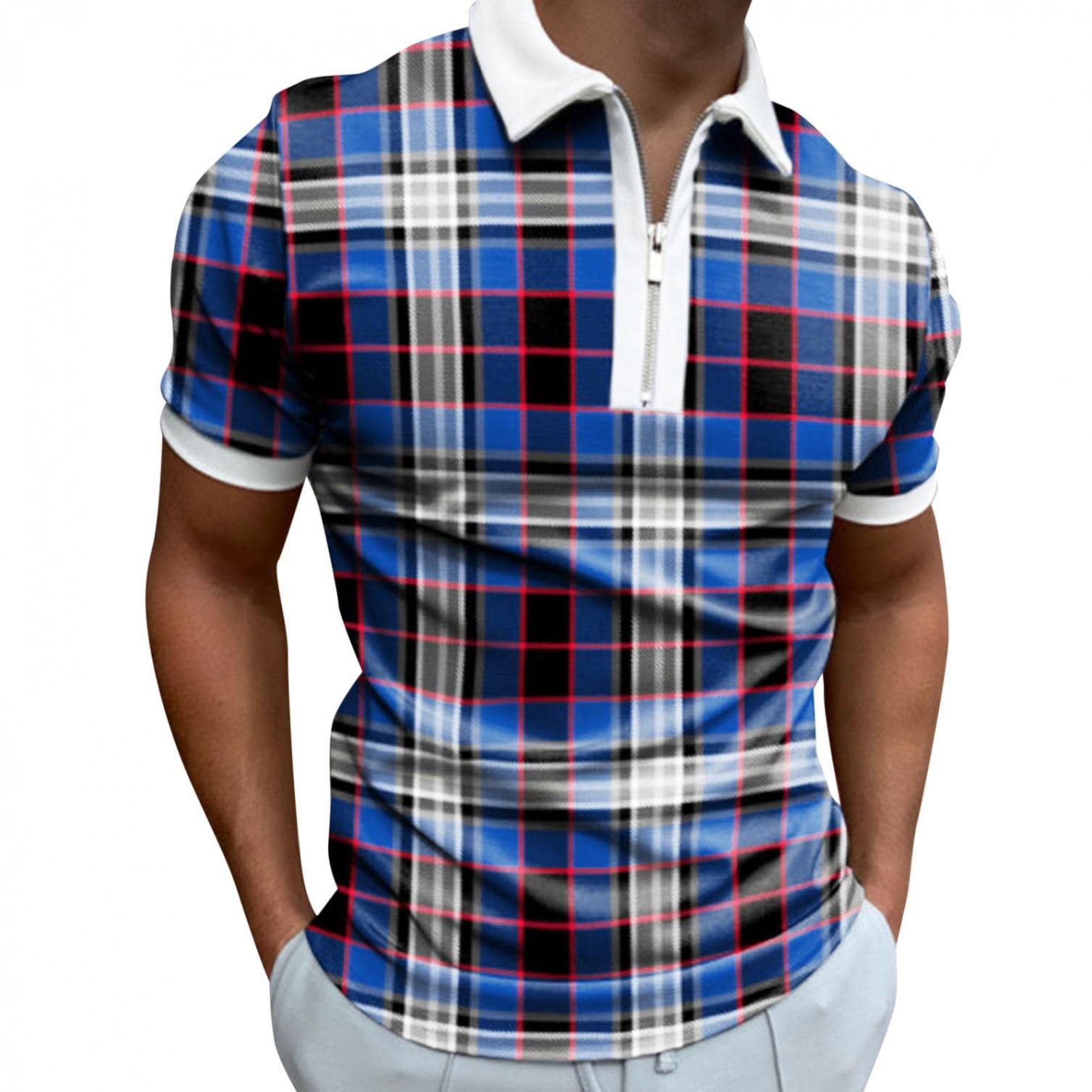 Men's Slim Fit Striped Plaid Short Sleeve Polo Shirt - 1/4 Zip Lapel Golf Shirt & Casual Tee | Perfect for Golfing, Office Wear & Summer Outfits