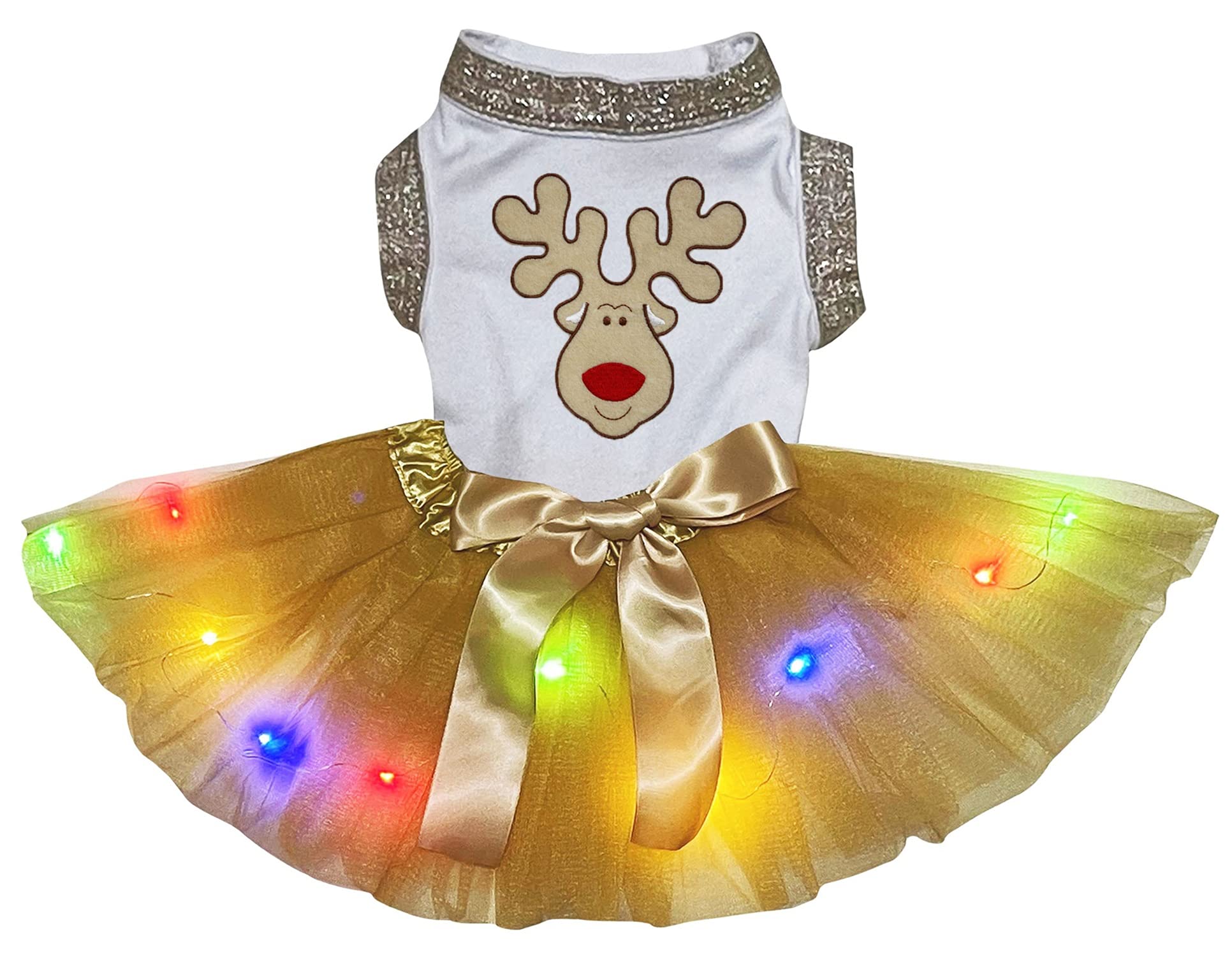 Petitebella Reindeer Face Puppy Dog Dress - LED Light Up Costume for Small Dogs (White & Gold, Medium) | Perfect for Christmas Parties, Pet Photos & Holiday Festivities